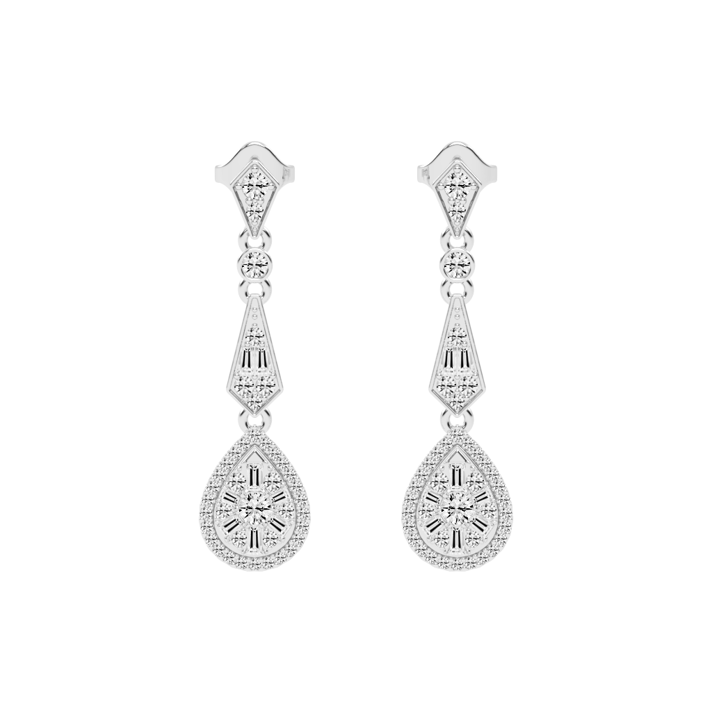 Art Deco Teardrop Baguette and Round 1.36 Cttw Lab Grown Diamond Earrings