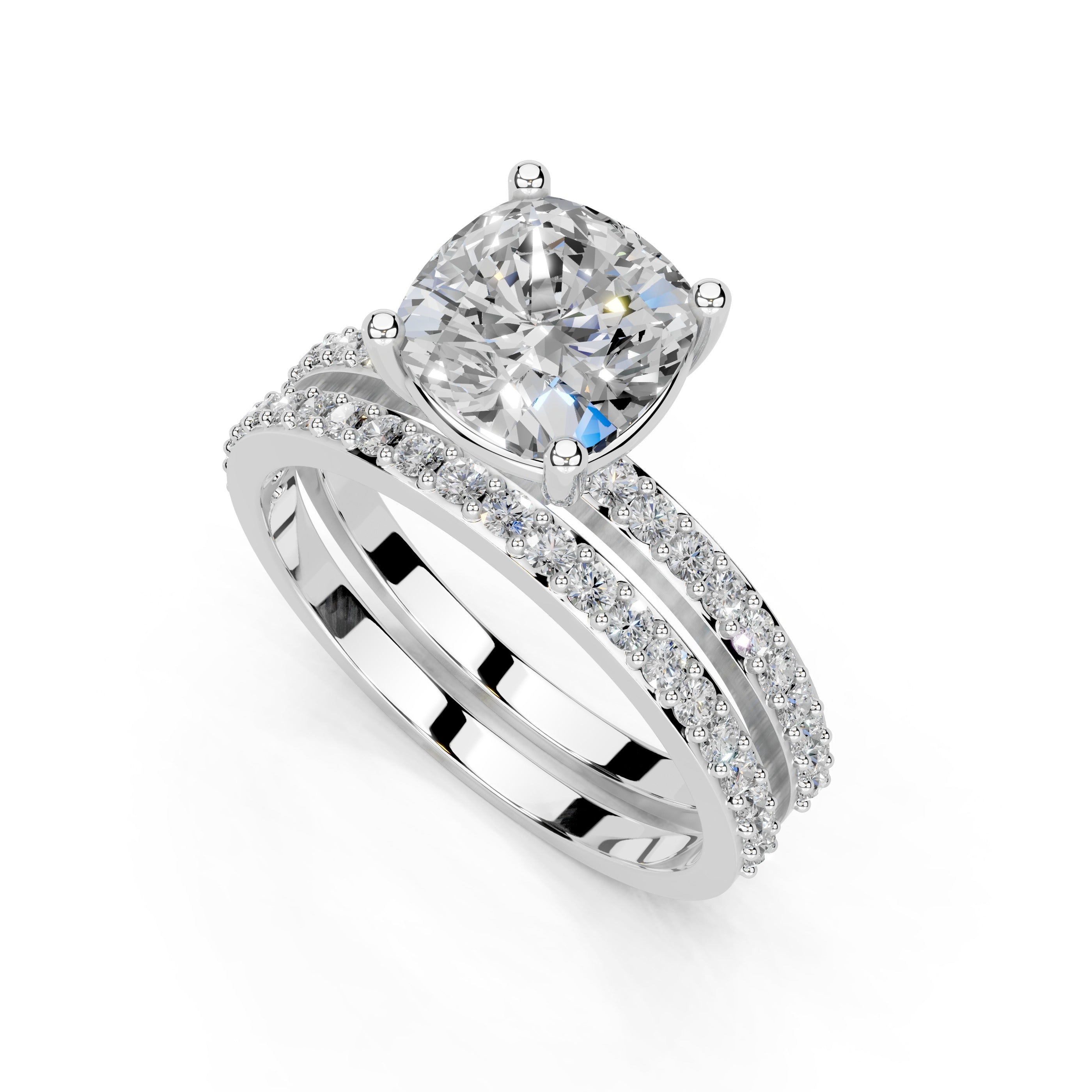 Cushion Cut Pave  Double Row  Lab Grown Diamond Engagement Ring