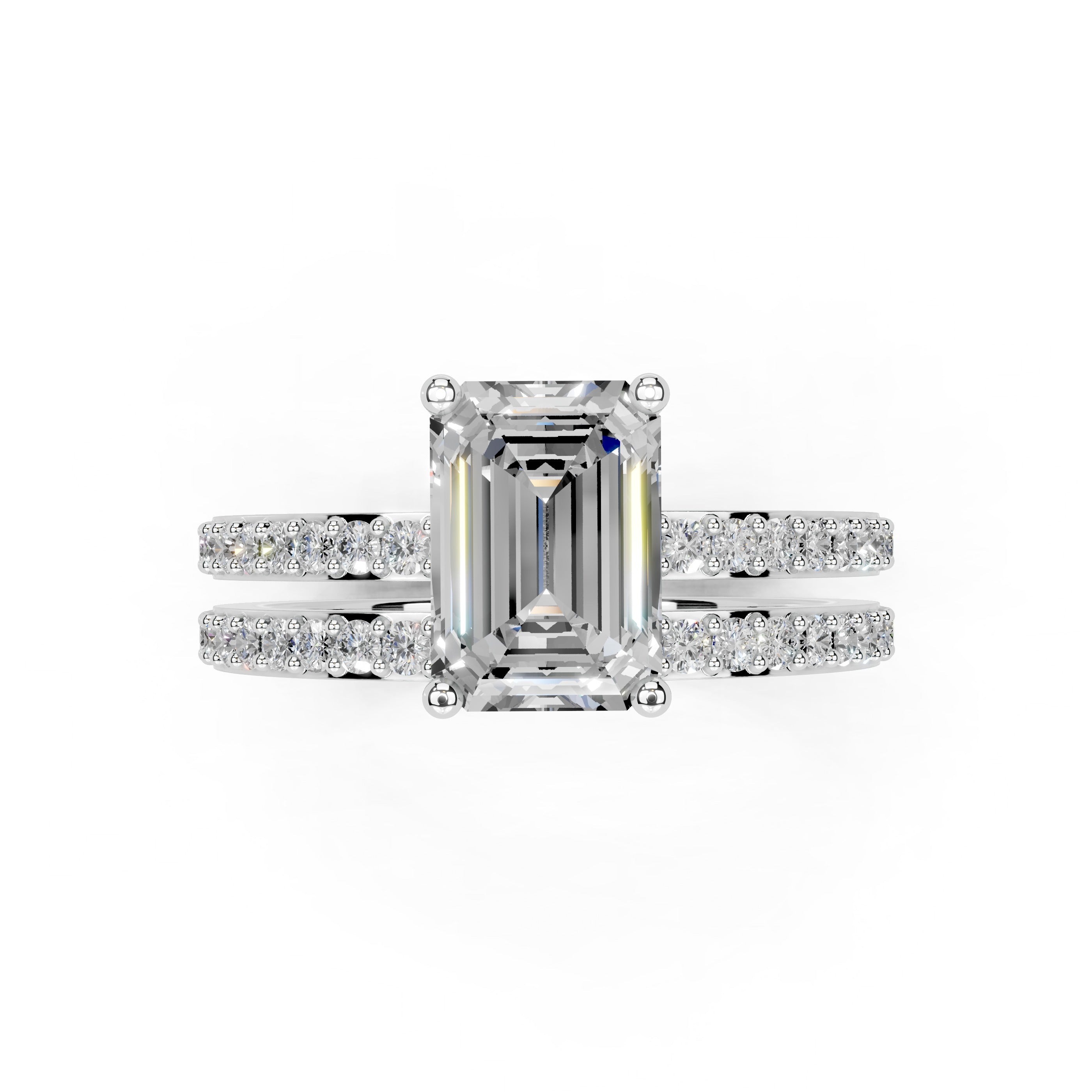 Emerald Cut Pave  Double Row  Lab Grown Diamond Engagement Ring