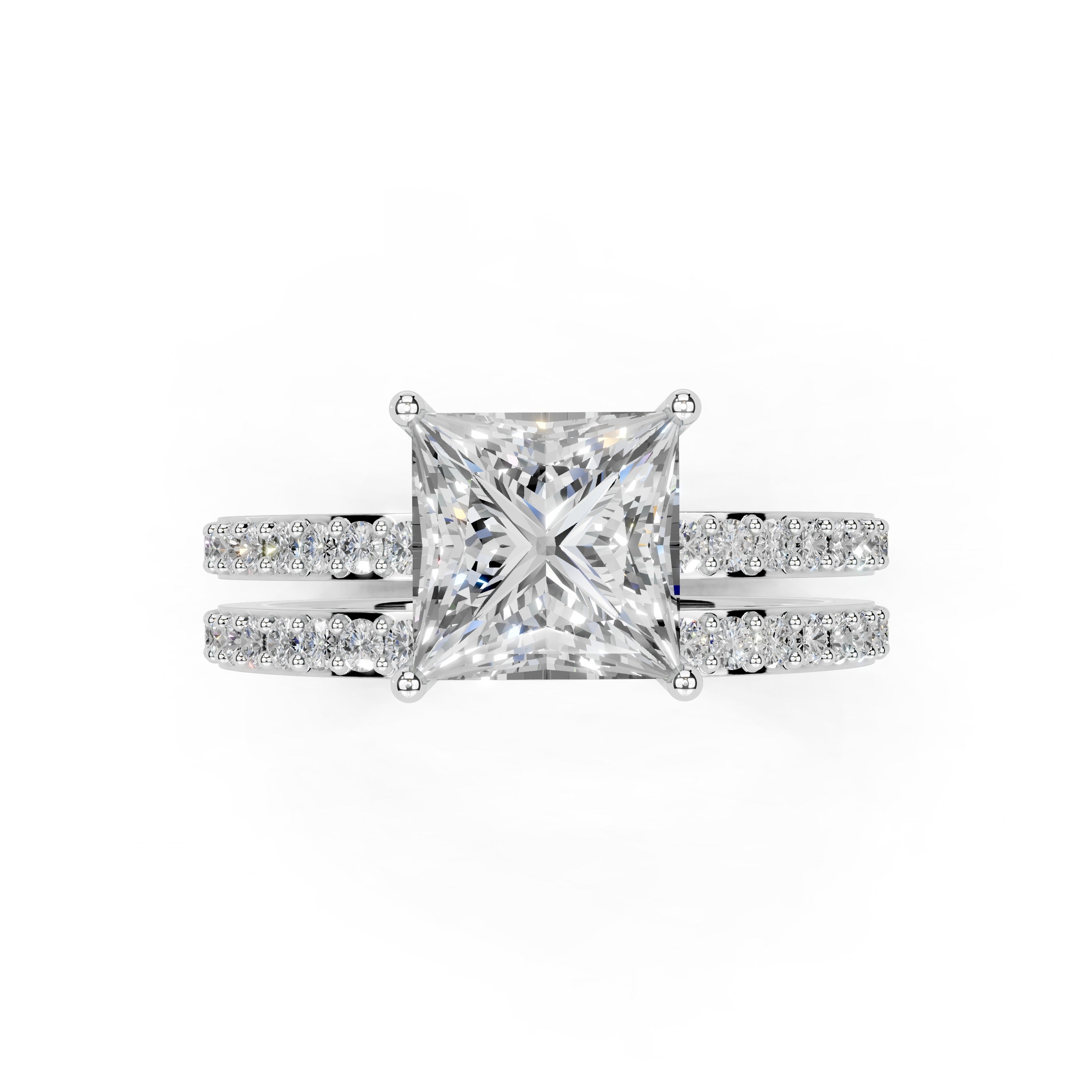 Princess Cut Pave  Double Row  Lab Grown Diamond Engagement Ring (Custom D-E)