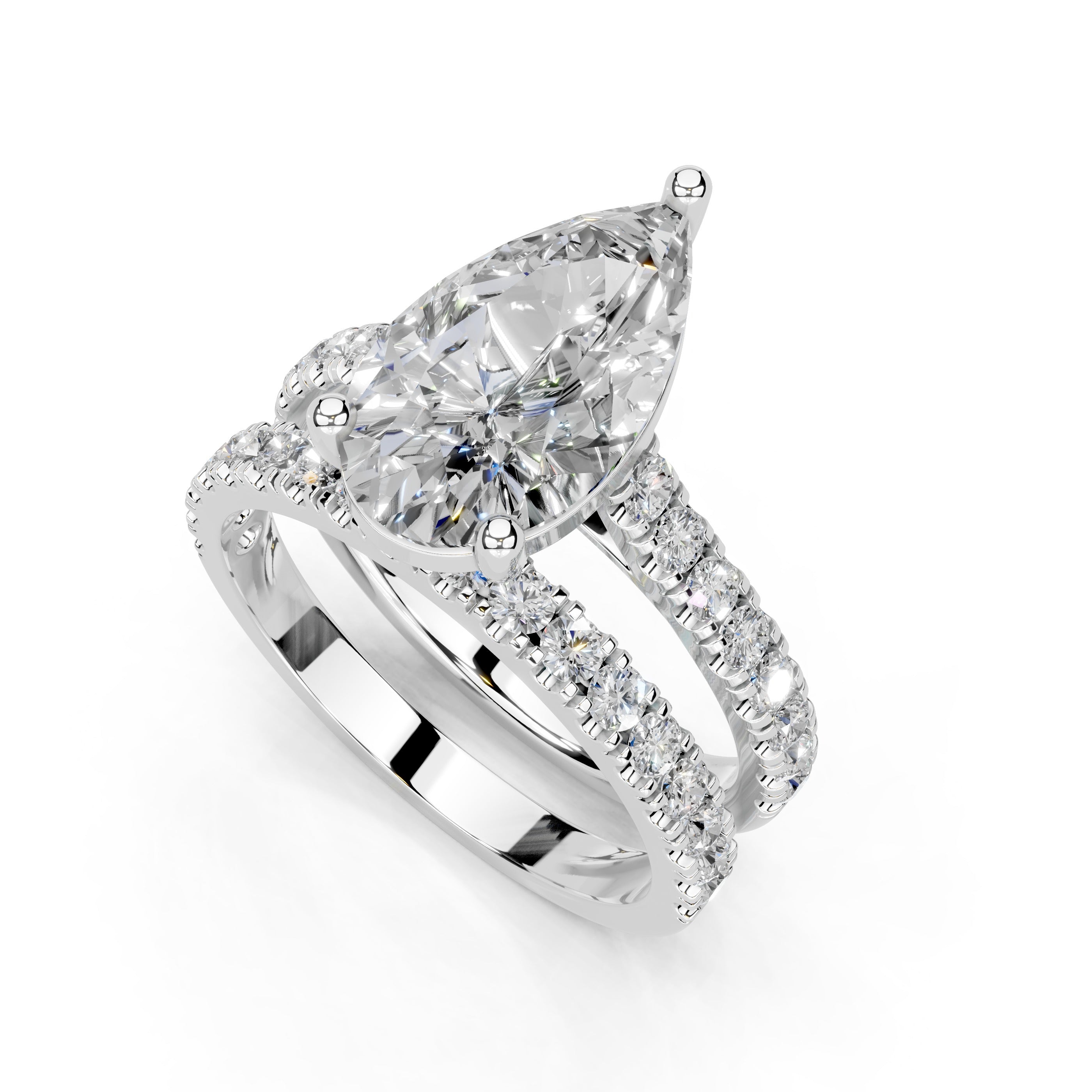 Pear Cut Claw Prongs  Double Row  Pave Lab Grown Diamond Engagement Ring