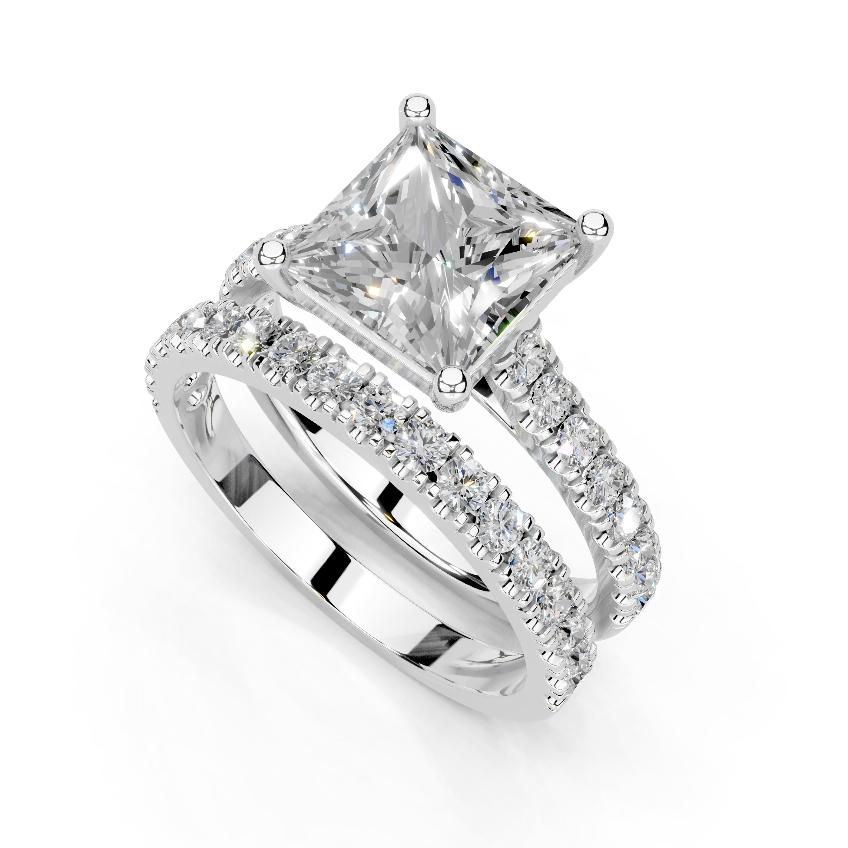 Princess Cut Claw Prongs  Double Row  Pave Lab Grown Diamond Engagement Ring