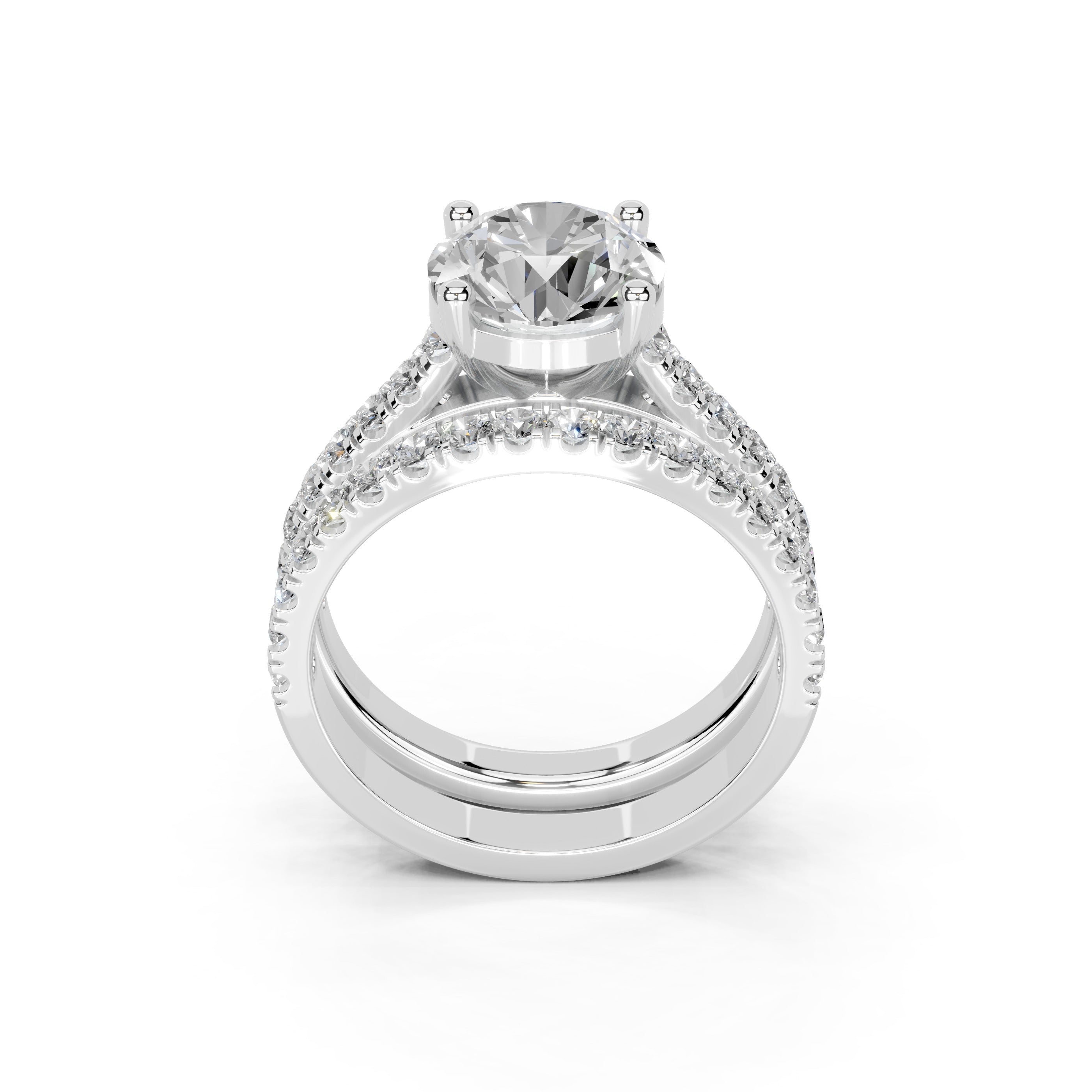 Round Cut Claw Prongs  Double Row  Pave Lab Grown Diamond Engagement Ring