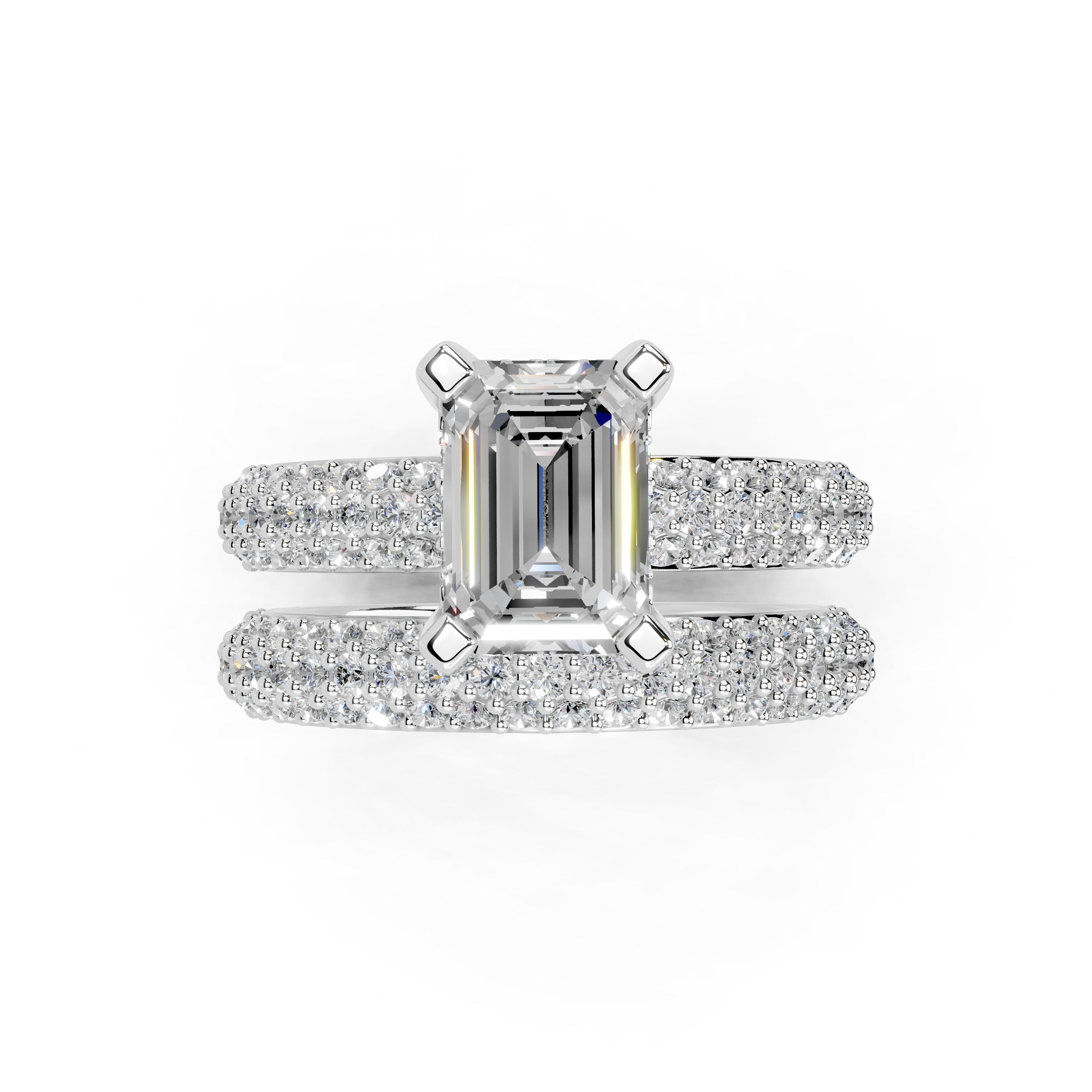 Emerald Cut Square Prongs Double Row Pave Lab Grown Diamond Engagement Ring