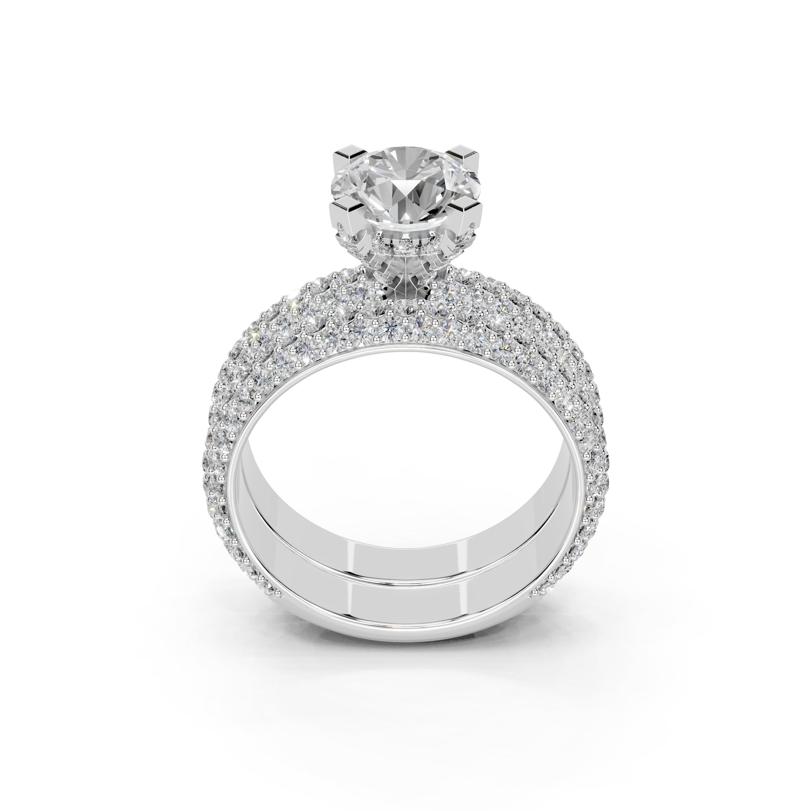 Round Cut Square Prongs Double Row Pave Lab Grown Diamond Engagement Ring