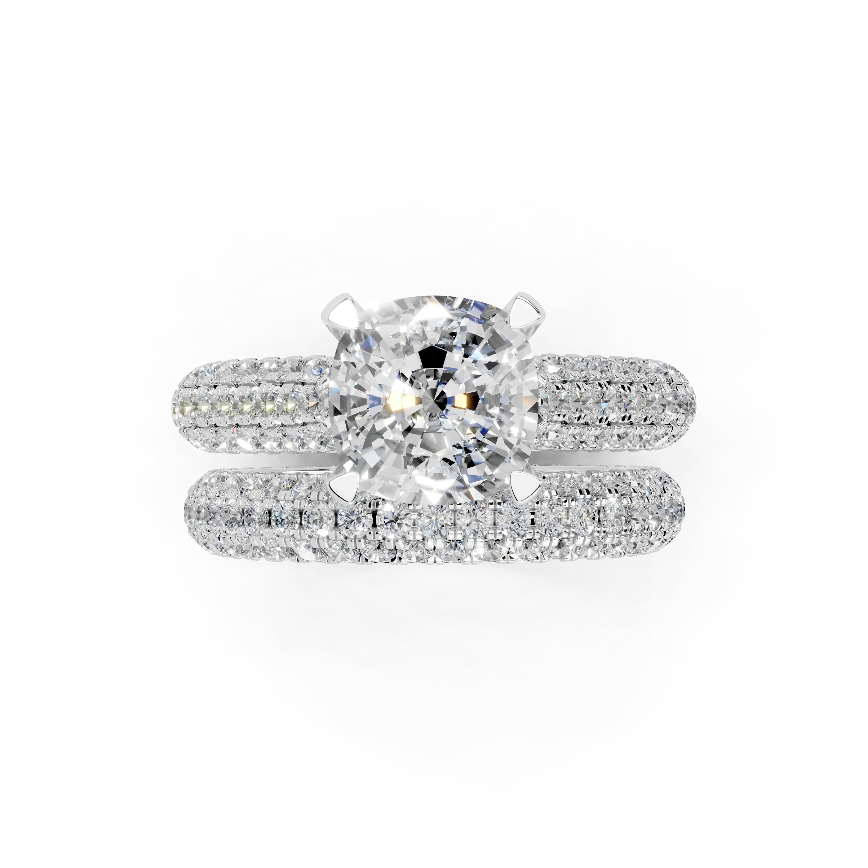 Cushion Cut Claw Prongs Double Row Pave Lab Grown Diamond Engagement Ring