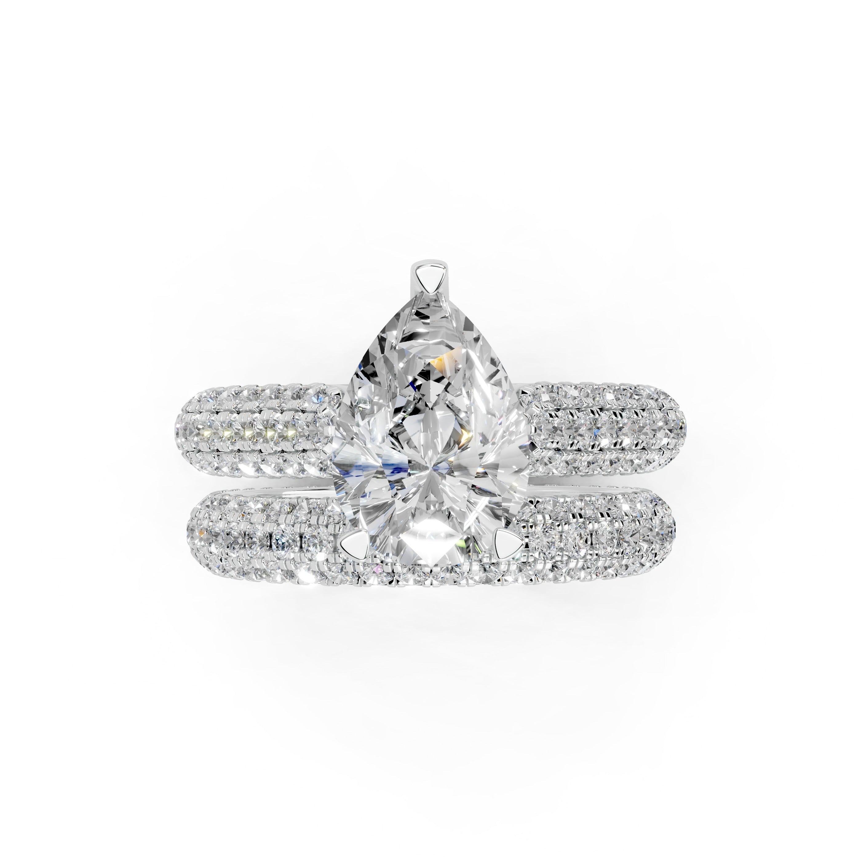 Pear Cut Claw Prongs Double Row Pave Lab Grown Diamond Engagement Ring