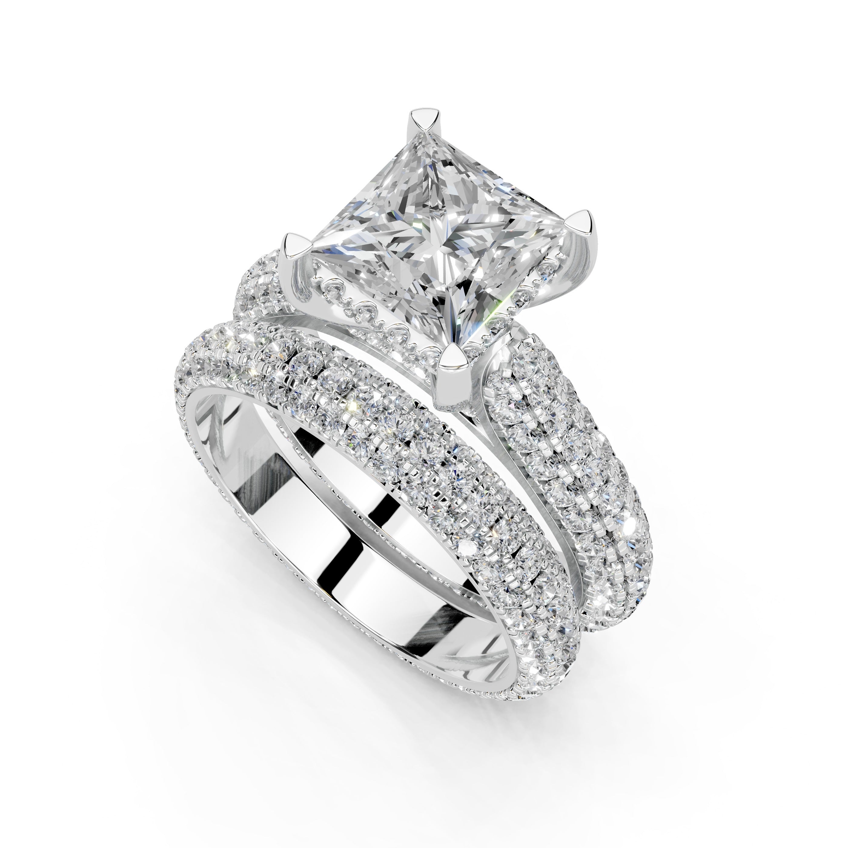 Princess Cut Claw Prongs Double Row Pave Lab Grown Diamond Engagement Ring