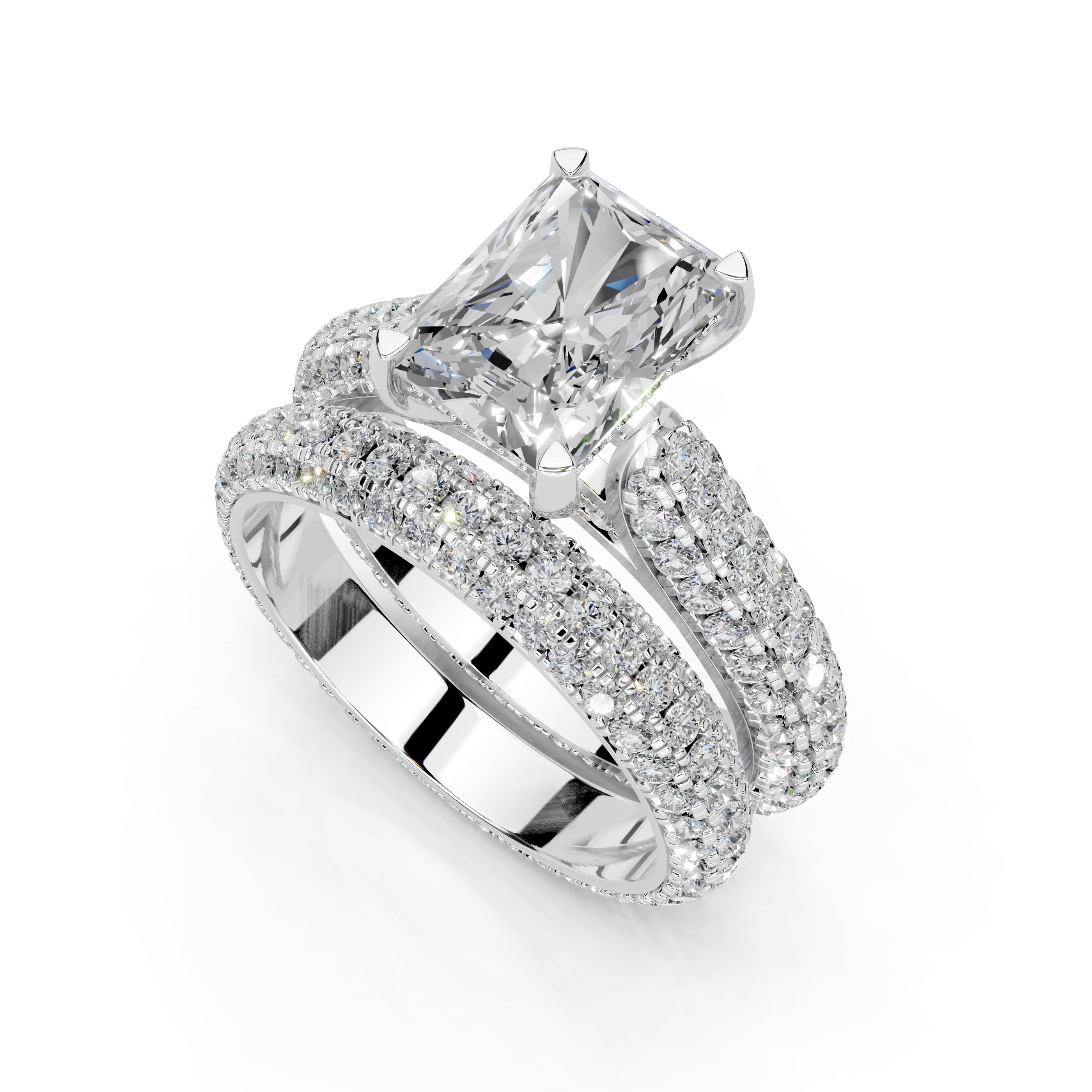 Radiant Cut Claw Prongs Double Row Pave Lab Grown Diamond Engagement Ring