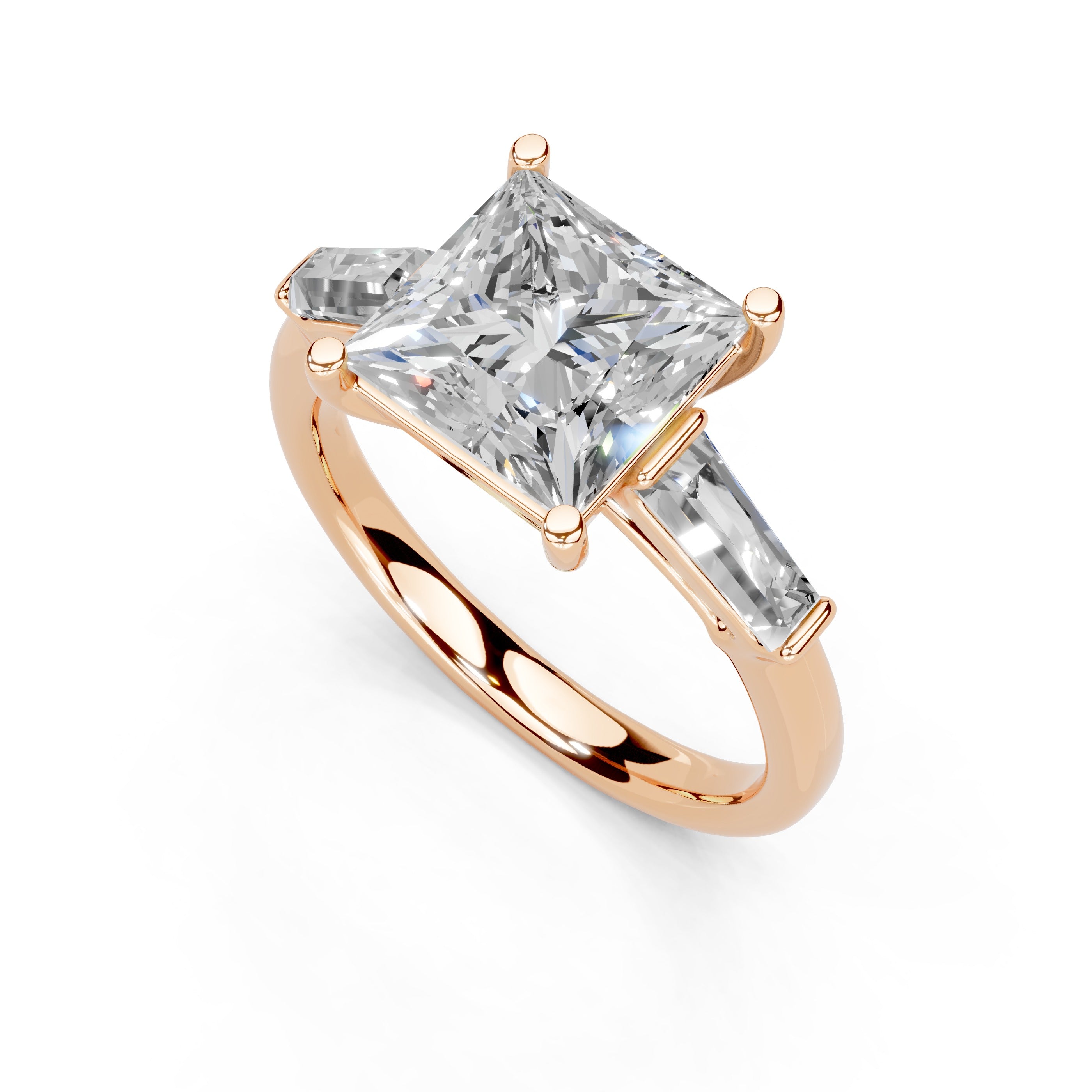 Princess Cut Baguette Accent Lab Grown Diamond Engagement Ring