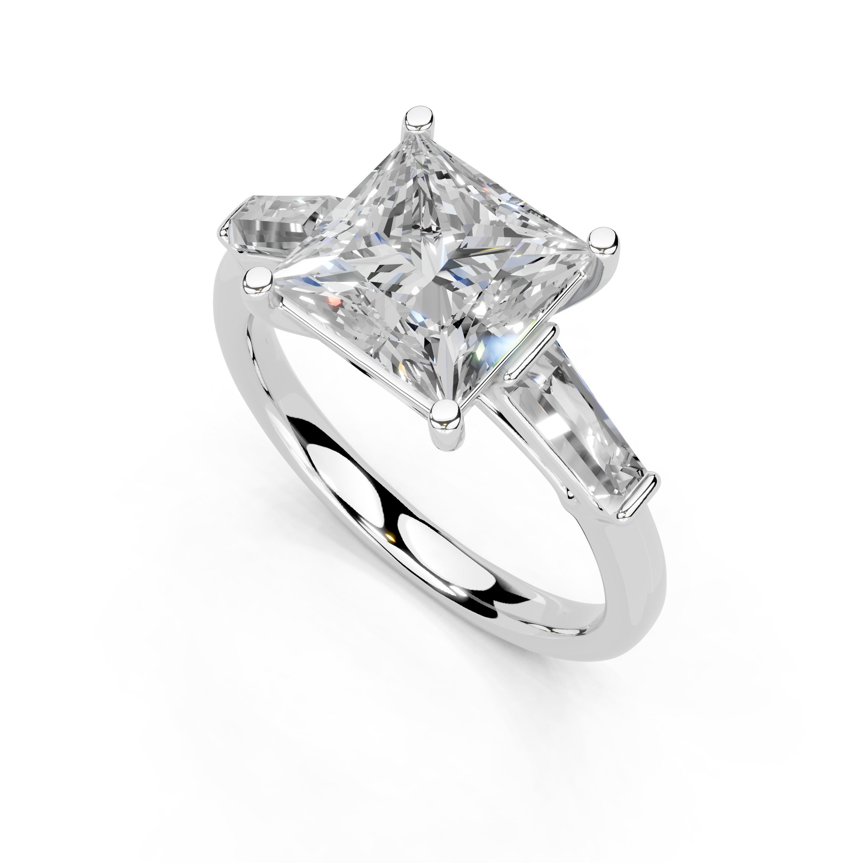 Princess Cut Baguette Accent Lab Grown Diamond Engagement Ring