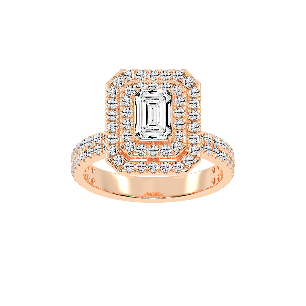 Emerald cut Pave Lab Grown Diamond Engagement Ring with vintage double halo setting