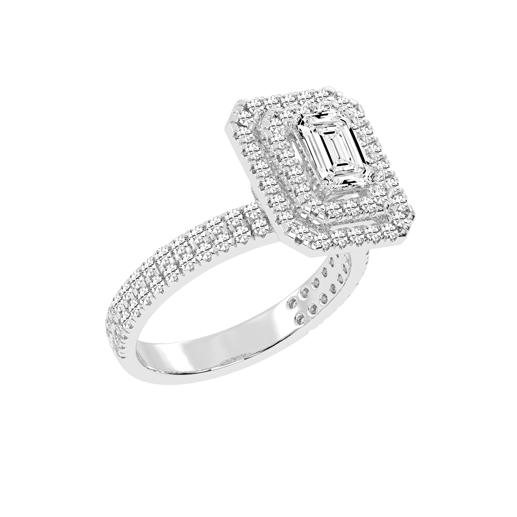 Emerald cut Pave Lab Grown Diamond Engagement Ring with vintage double halo setting