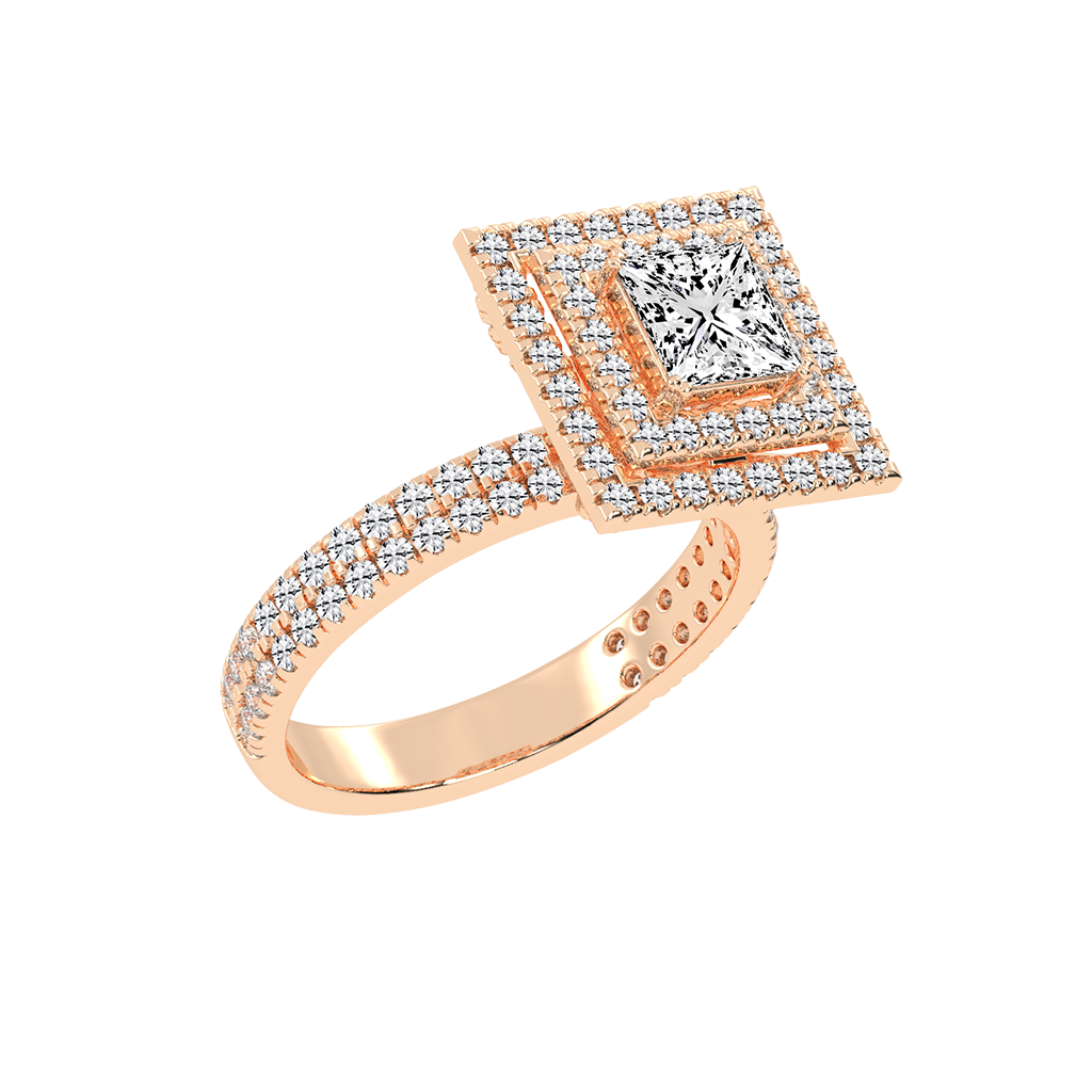 Princess cut Pave Lab Grown Diamond Engagement Ring with vintage double halo setting