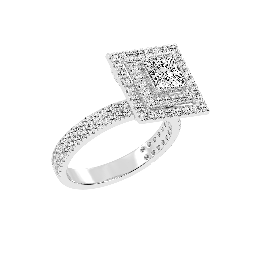 Princess cut Pave Lab Grown Diamond Engagement Ring with vintage double halo setting