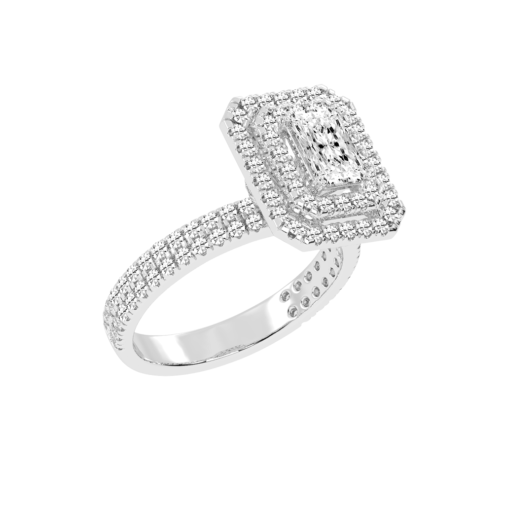 Radiant cut Pave Lab Grown Diamond Engagement Ring with vintage double halo setting