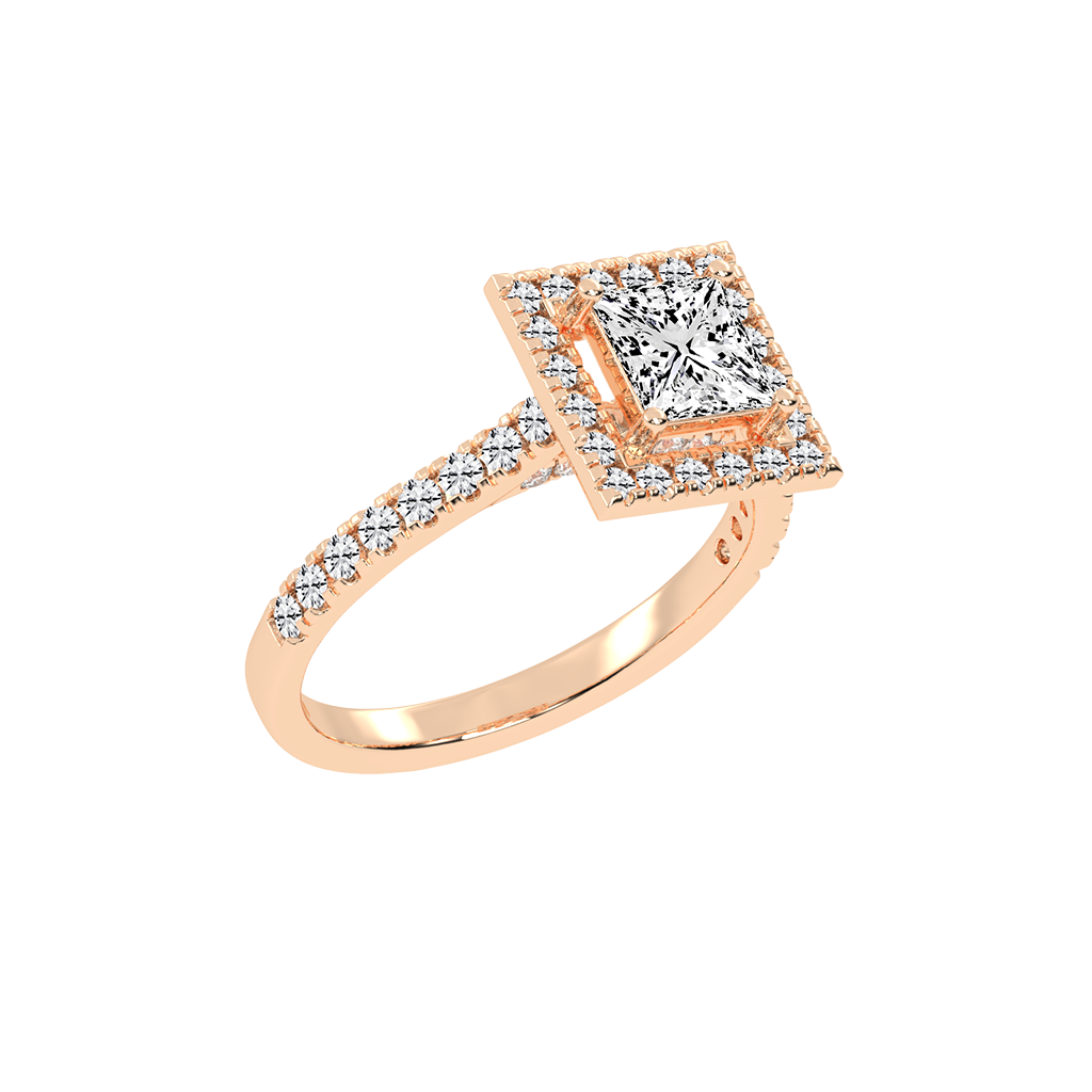 Princess Cut Pave Setting Halo  Lab Grown Diamond Engagement Ring