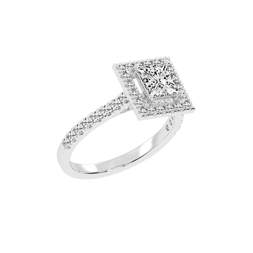 Princess Cut Pave Setting Halo  Lab Grown Diamond Engagement Ring