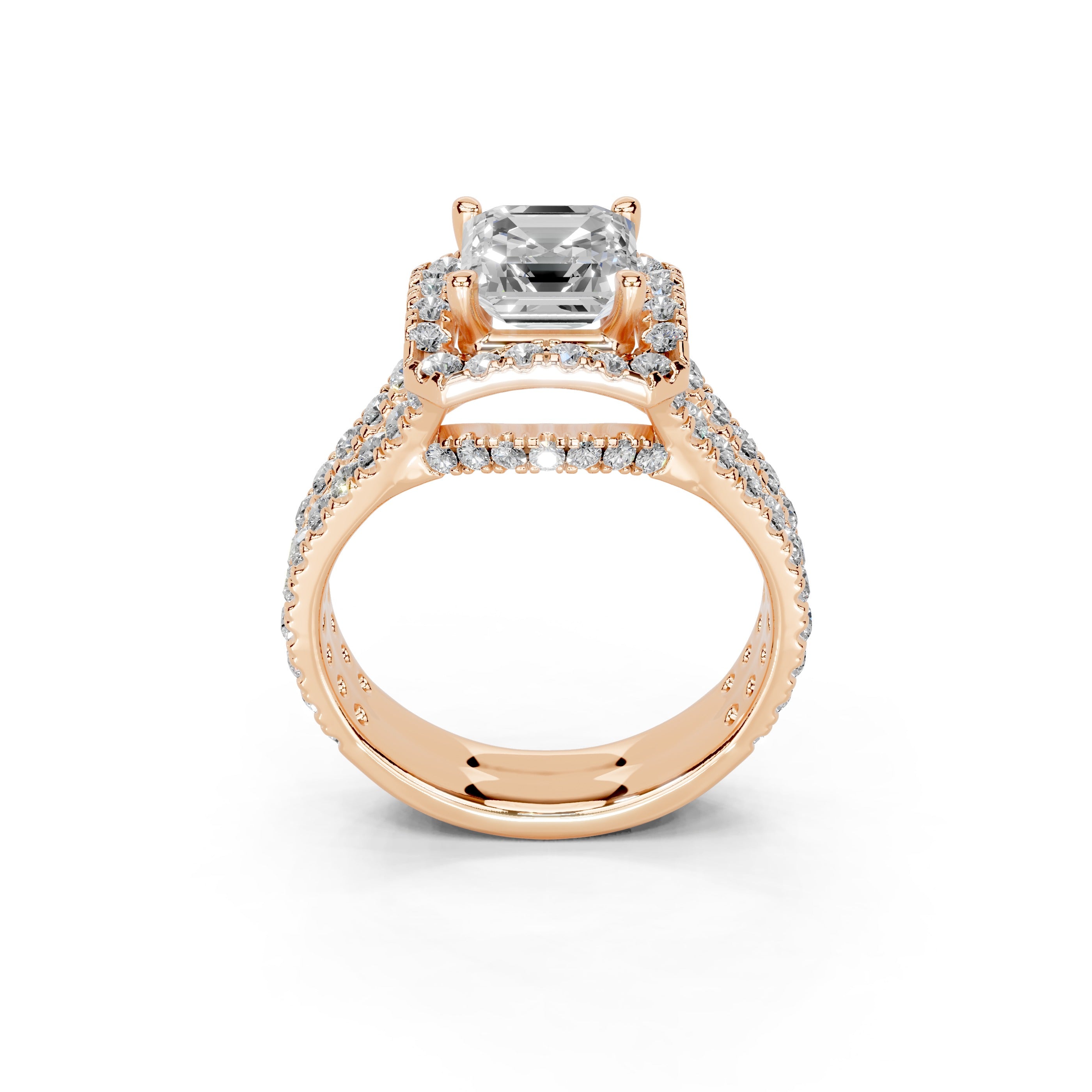 Asscher Cut Double Row Halo Lab Grown Diamond Engagement Ring with side stones