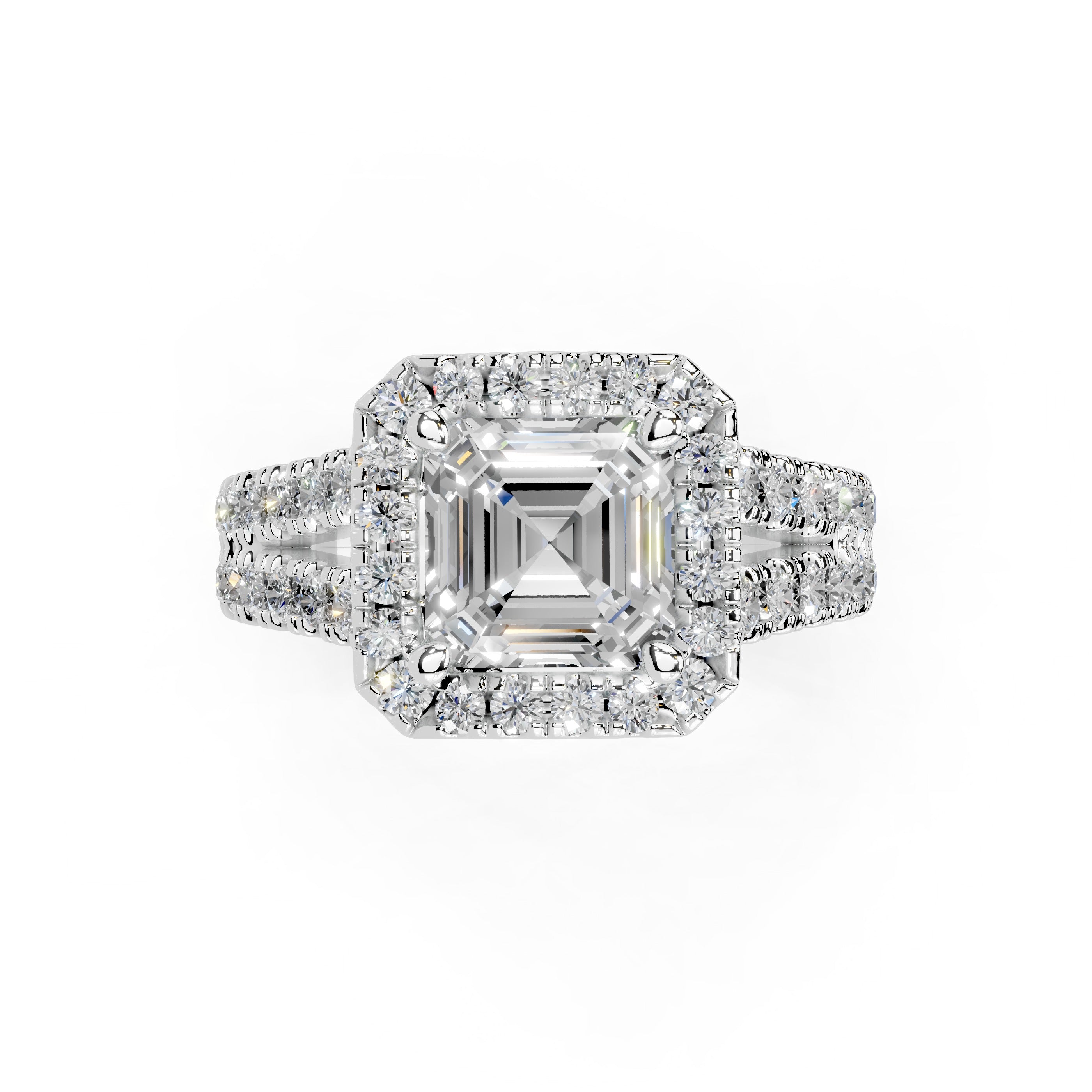 Asscher Cut Double Row Halo Lab Grown Diamond Engagement Ring with side stones