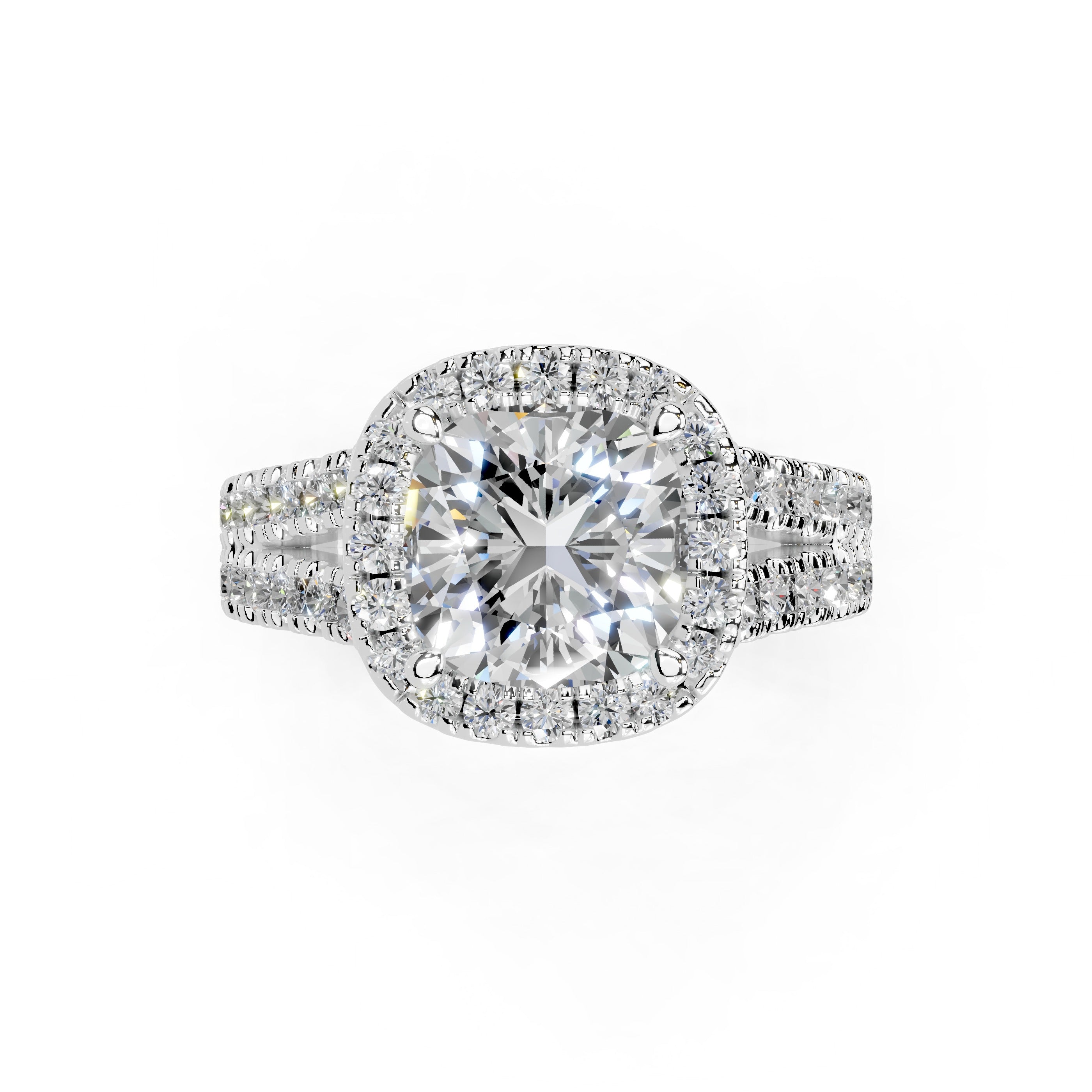 Cushion Cut Double Row Halo Lab Grown Diamond Engagement Ring with side stones