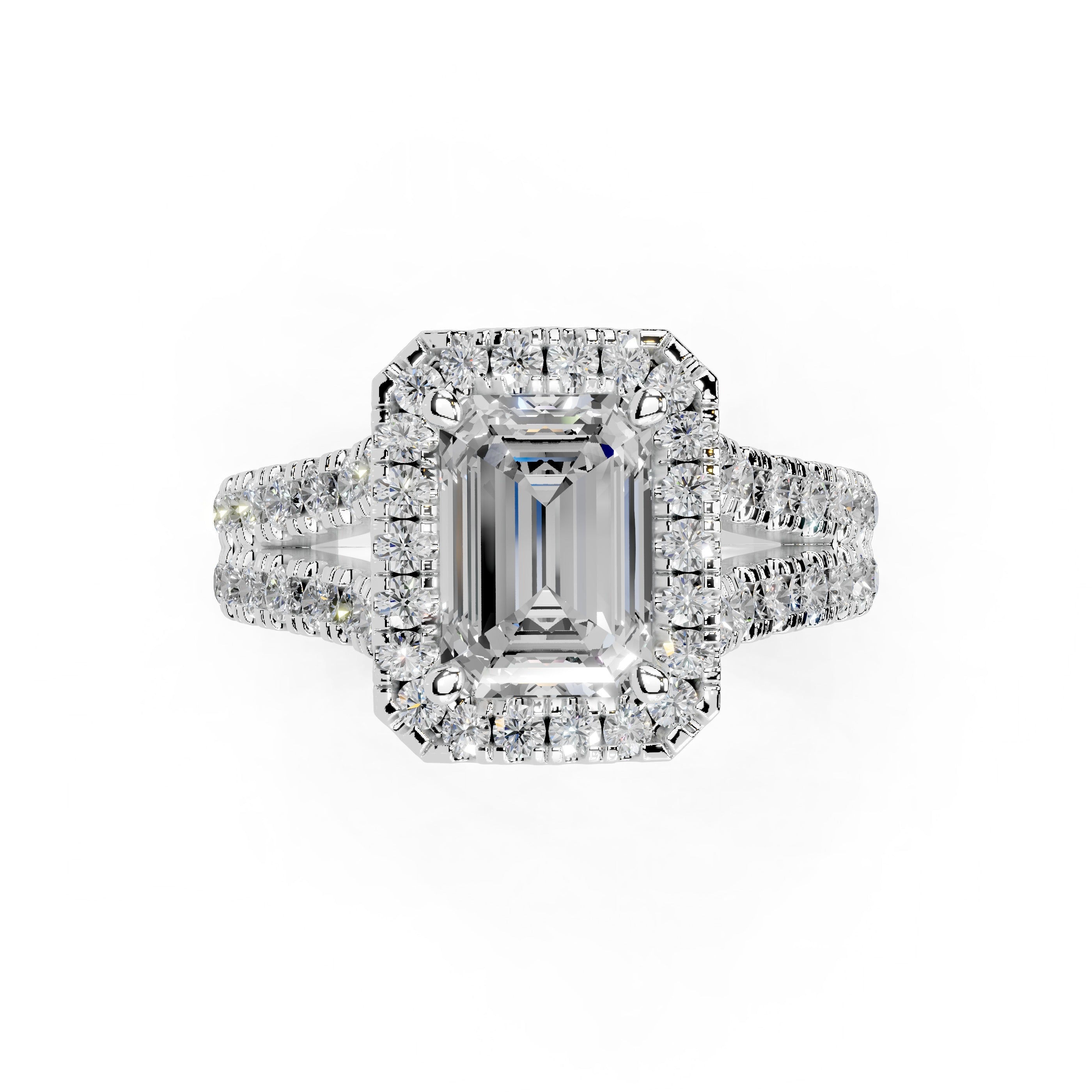 Emerald Cut Double Row Halo Lab Grown Diamond Engagement Ring with side stones