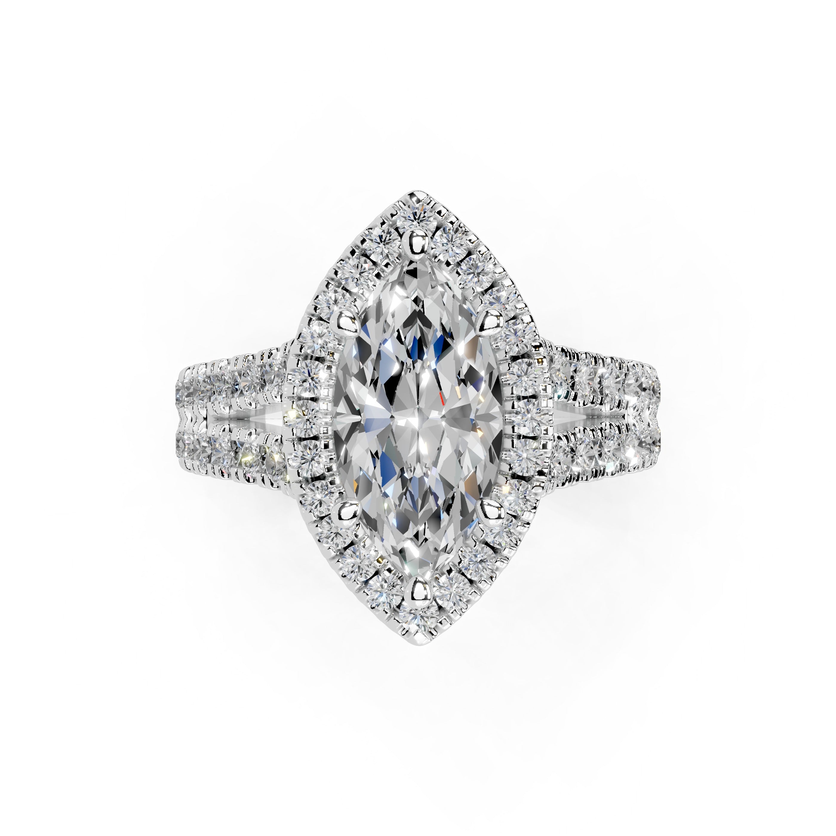 Marquise Cut Double Row Halo Lab Grown Diamond Engagement Ring with side stones