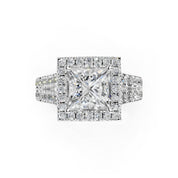 Princess Cut Double Row Halo Lab Grown Diamond Engagement Ring with side stones