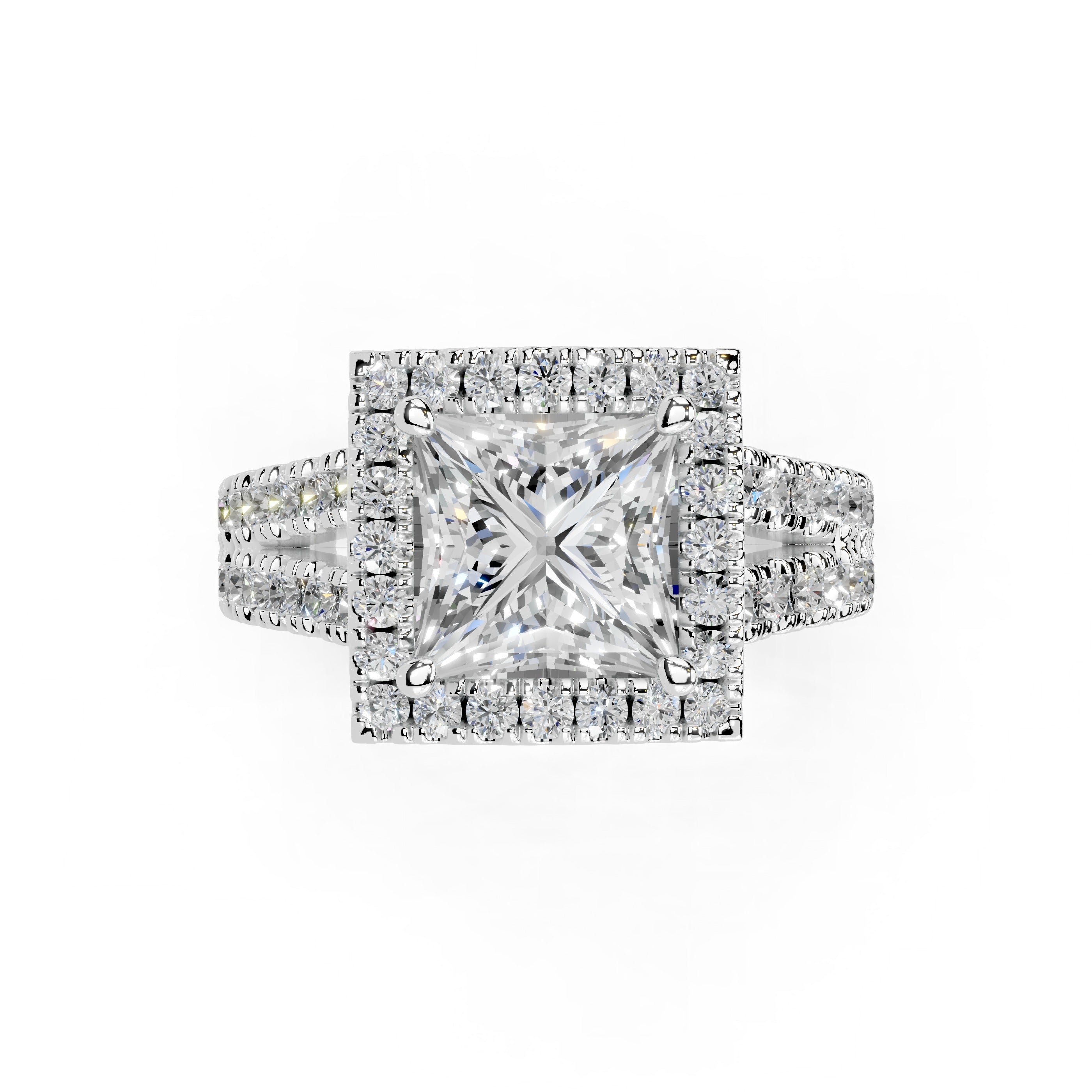 Princess Cut Double Row Halo Lab Grown Diamond Engagement Ring with side stones