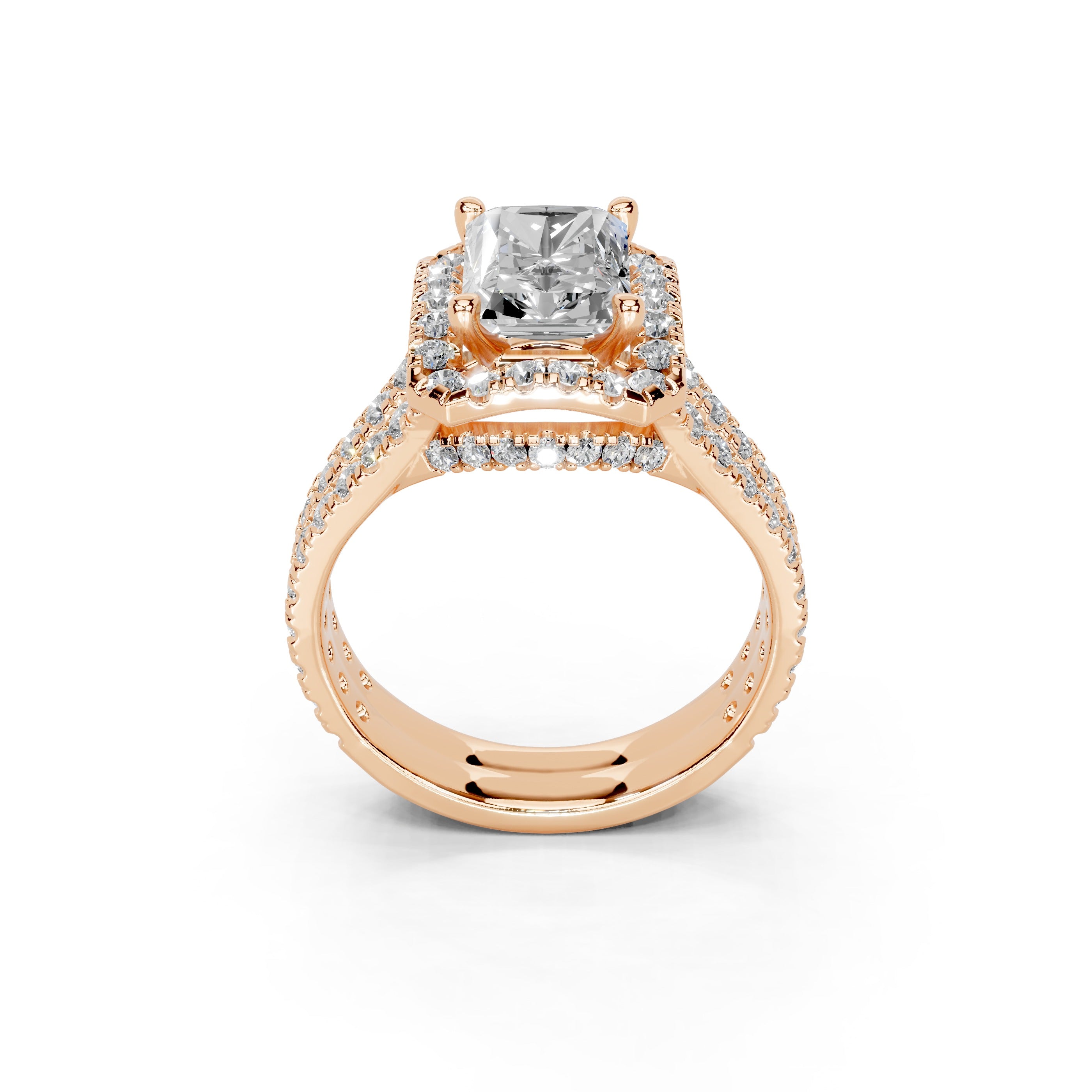 Radiant Cut Double Row Halo Lab Grown Diamond Engagement Ring with side stones