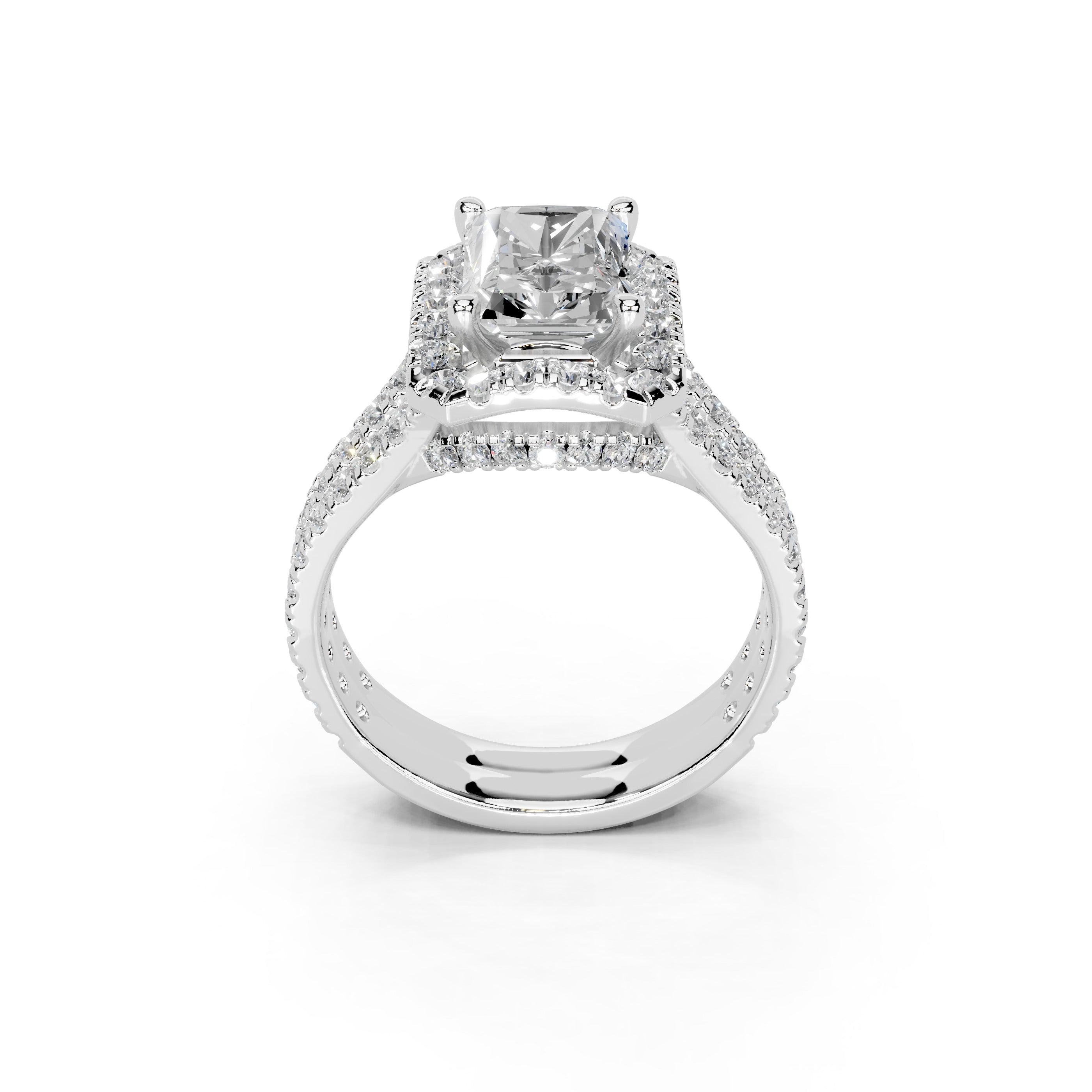 Radiant Cut Double Row Halo Lab Grown Diamond Engagement Ring with side stones