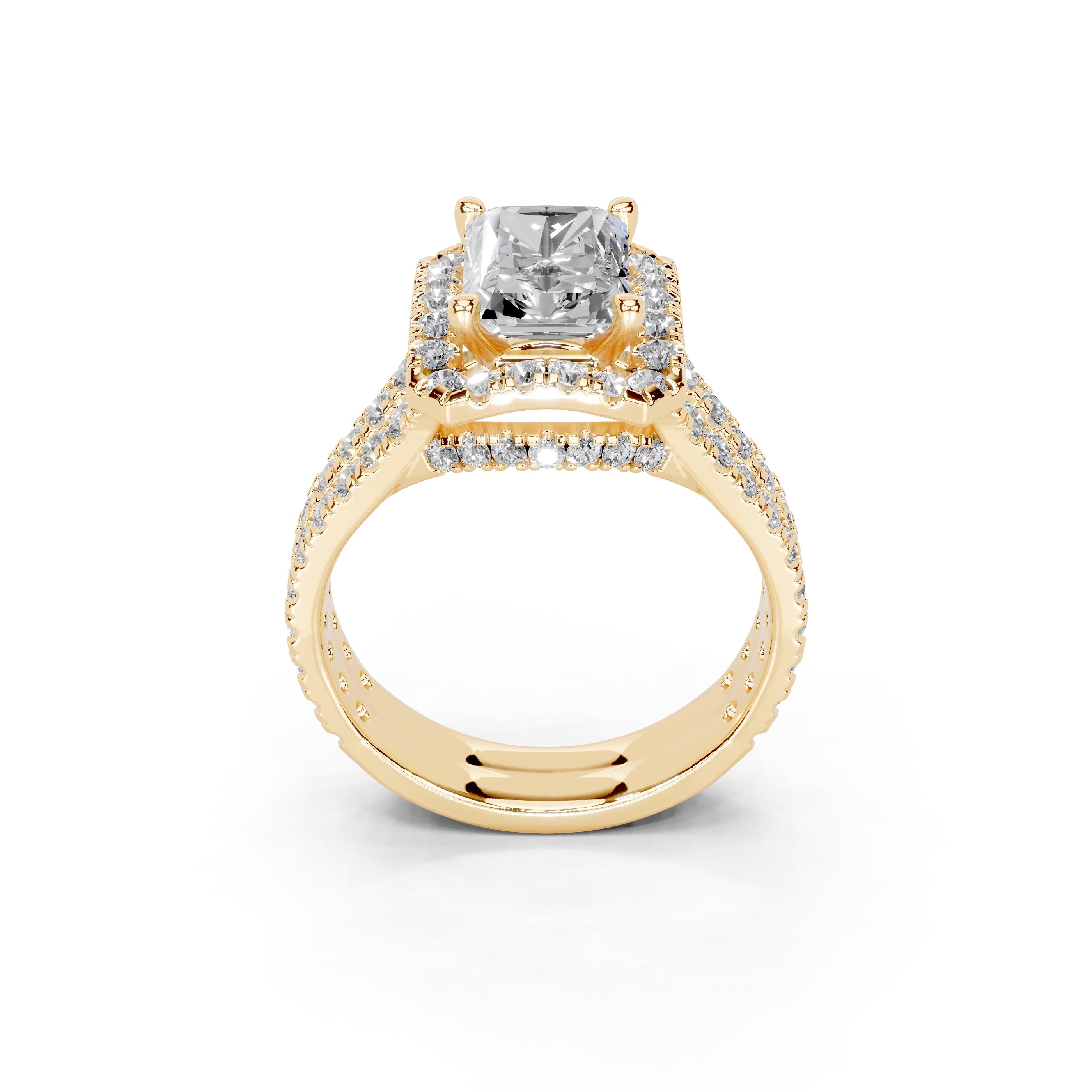 Radiant Cut Double Row Halo Lab Grown Diamond Engagement Ring with side stones