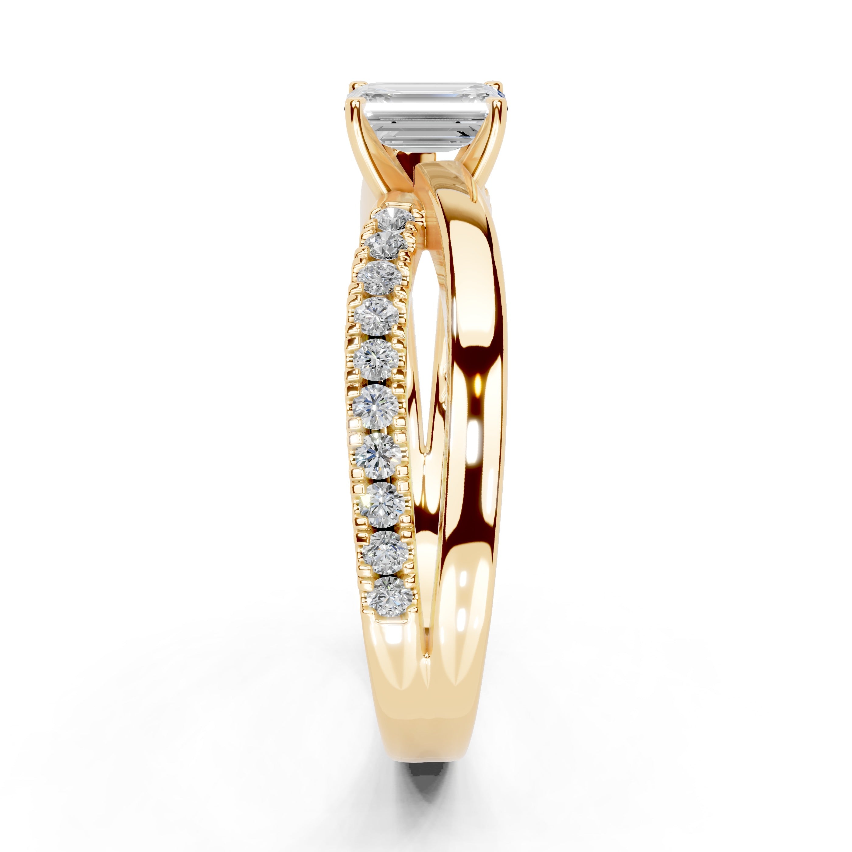 Emerald Cut Split Shank Lab Grown Diamond Engagement Ring with side stones