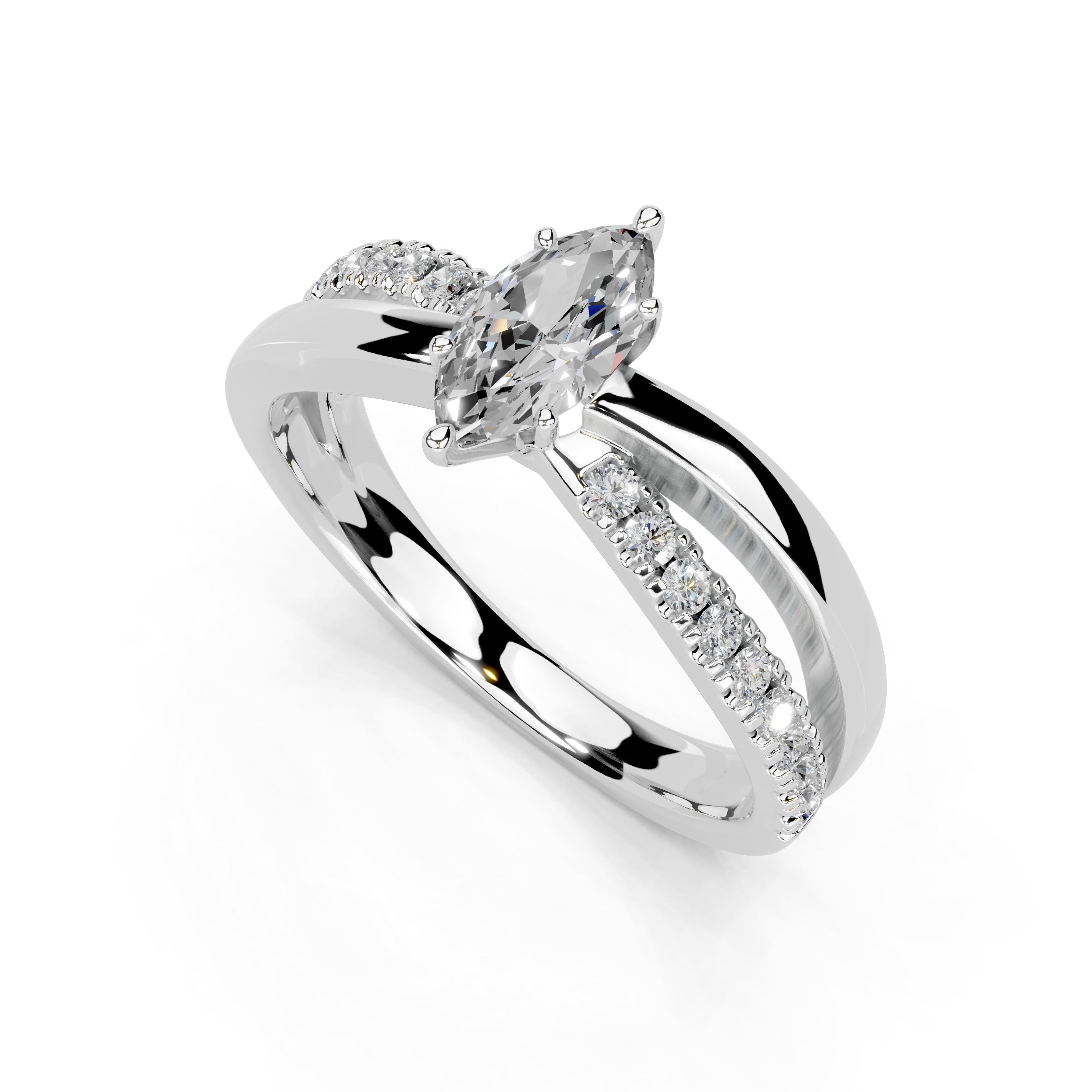 Marquise Cut Split Shank Lab Grown Diamond Engagement Ring with side stones