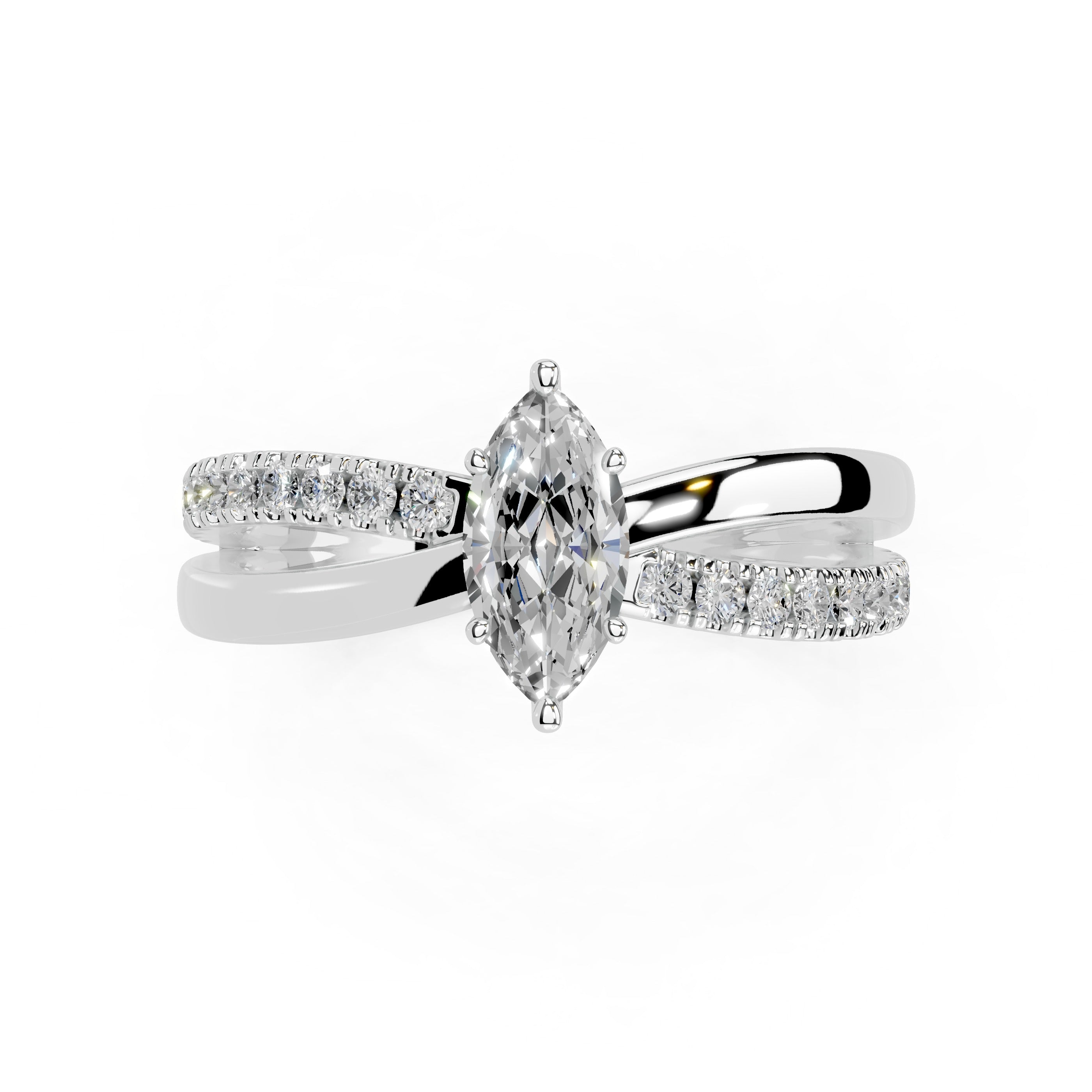 Marquise Cut Split Shank Lab Grown Diamond Engagement Ring with side stones