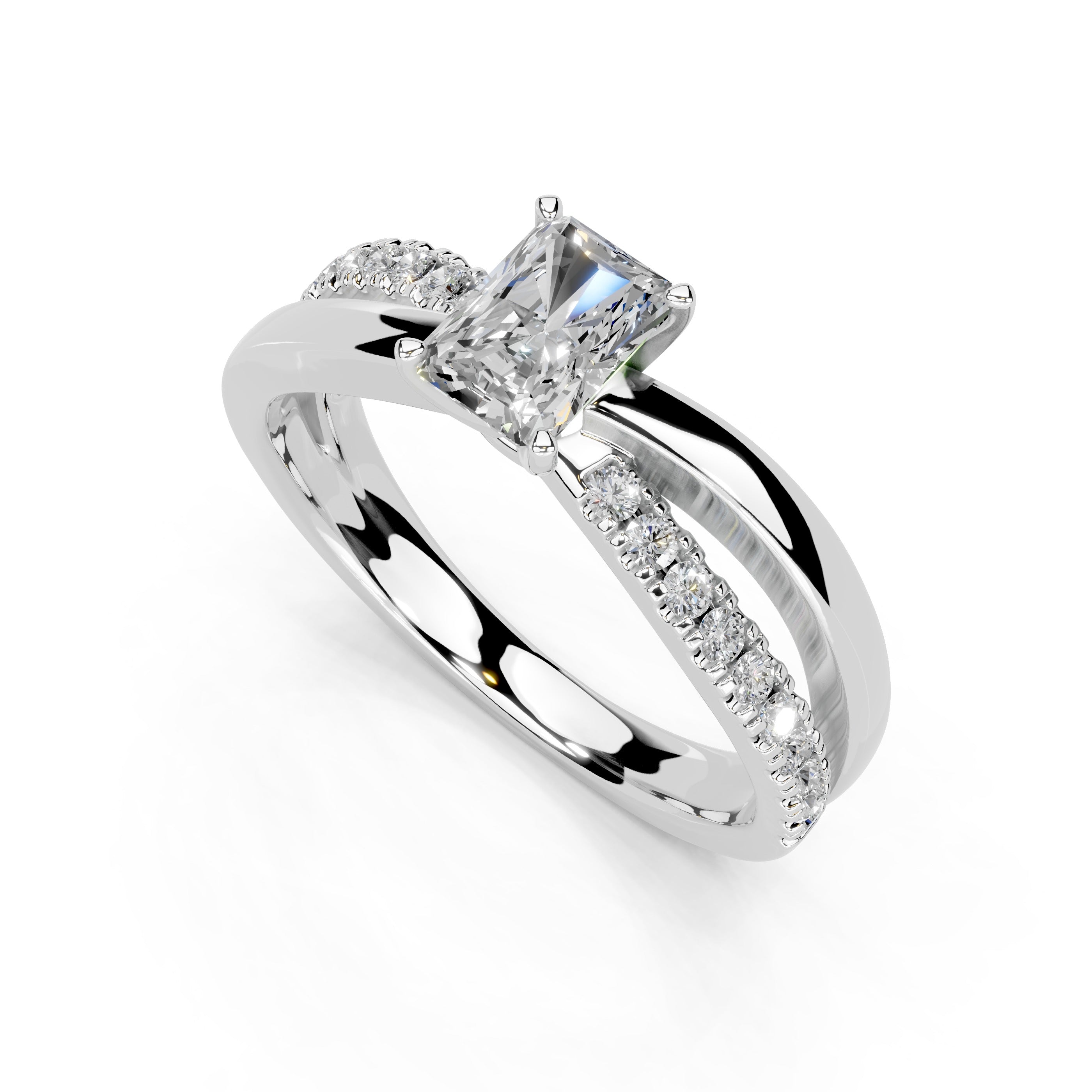 Radiant Cut Split Shank Lab Grown Diamond Engagement Ring with side stones