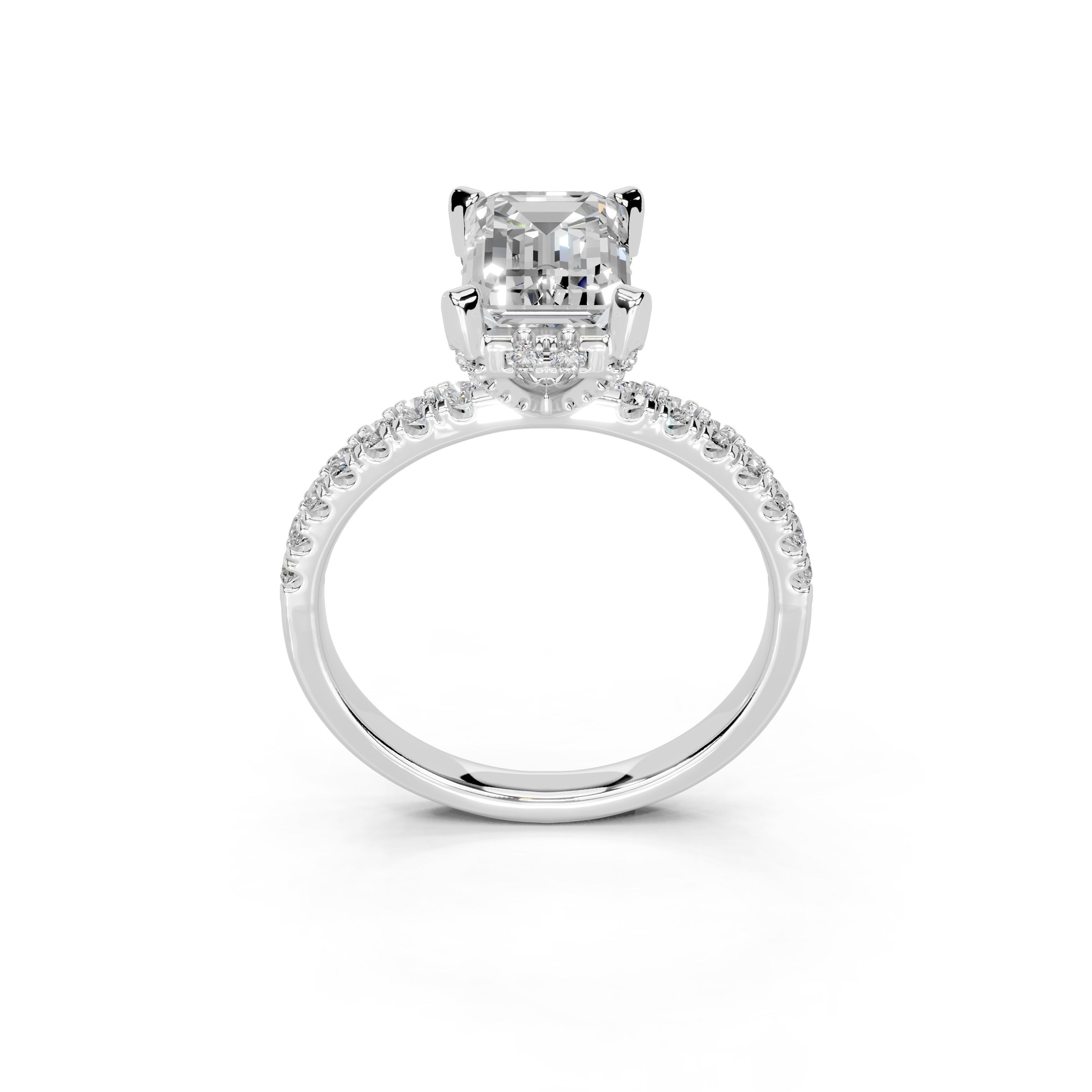 Emerald Cut Pave Lab Grown Diamond Engagement Ring with Hidden Halo setting