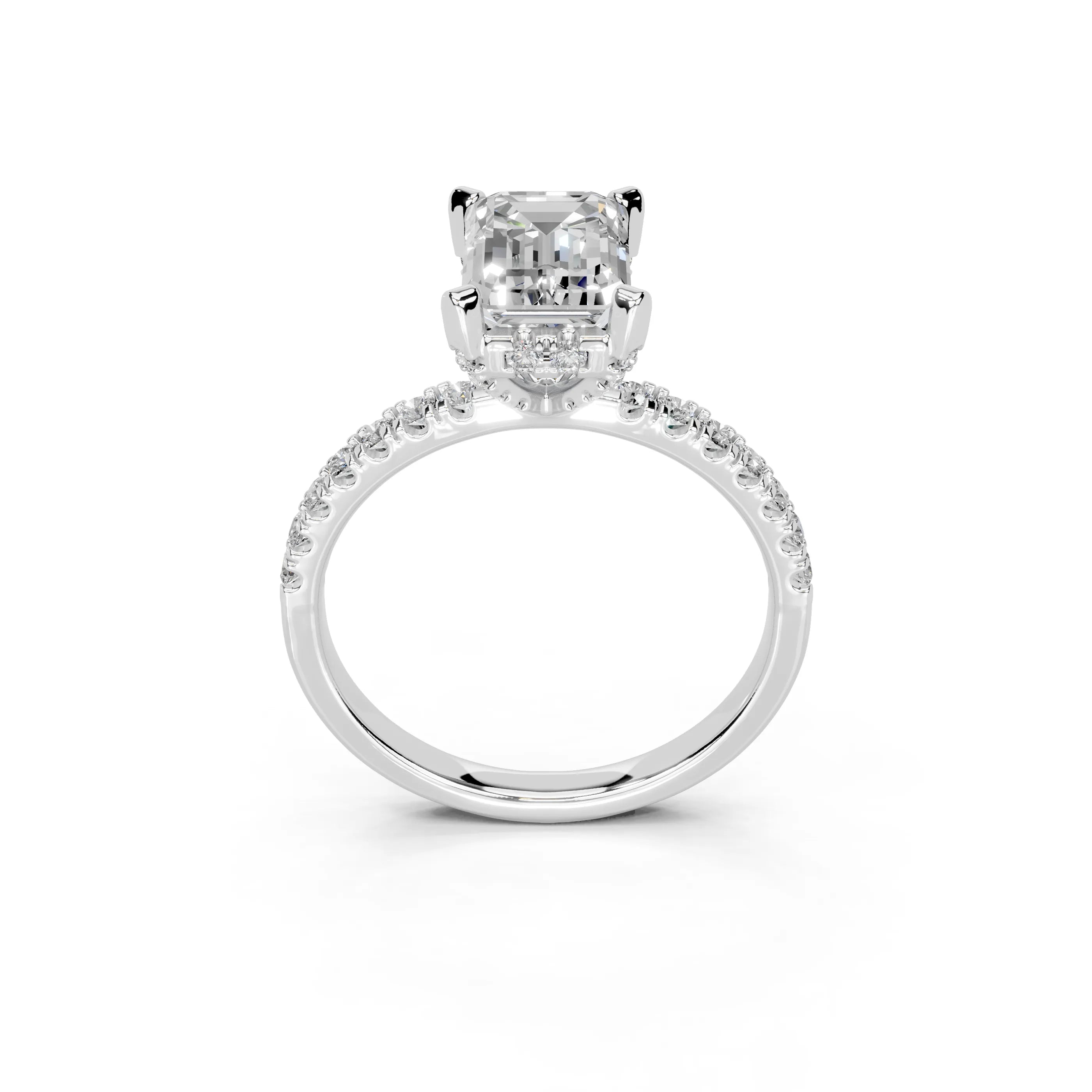 Emerald Cut Pave Engagement Ring with Hidden Halo setting (14K White Gold, 1CT center stone, Size 5.5)