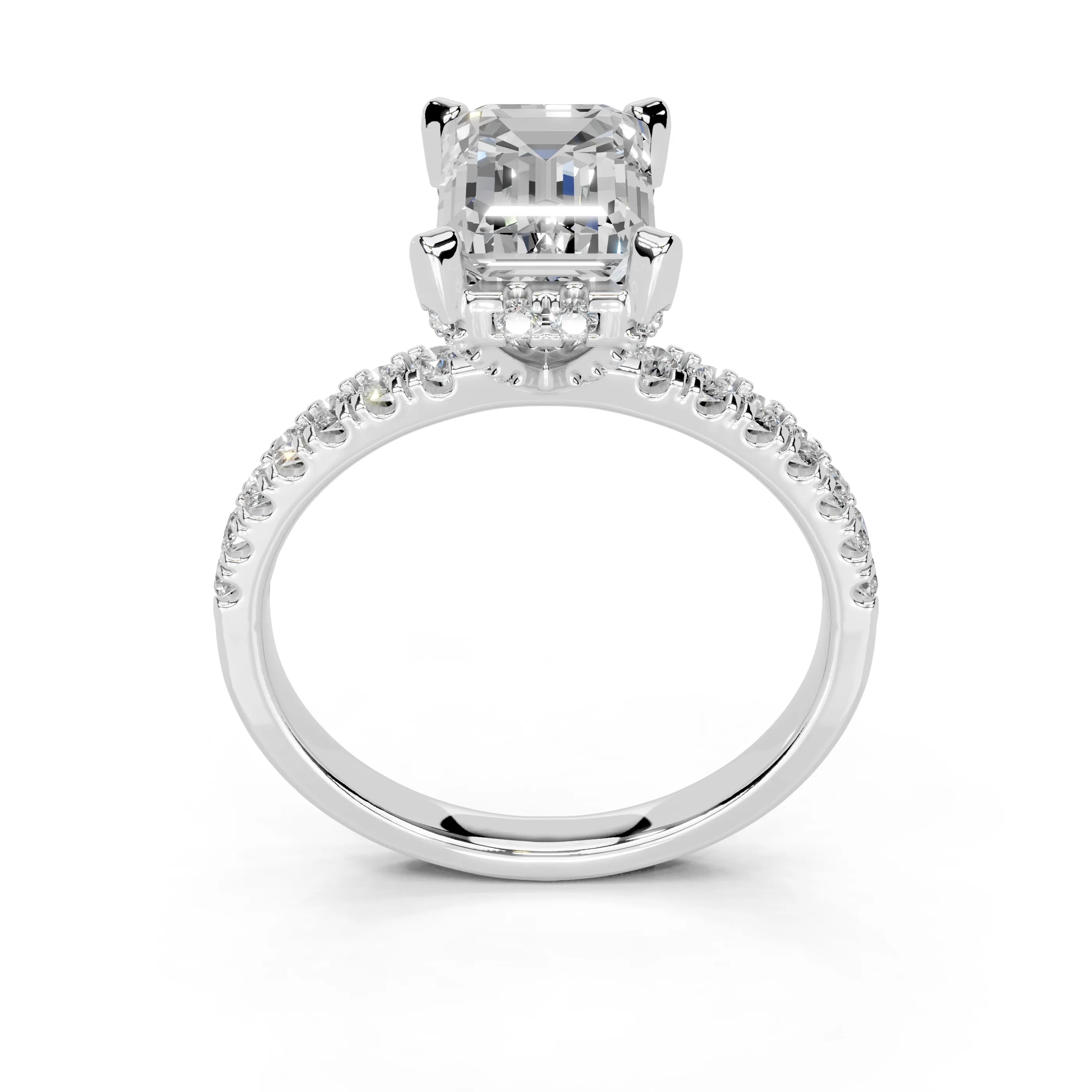 Emerald Cut Pave Engagement Ring with Hidden Halo setting (14K White Gold, 1CT center stone, Size 6)