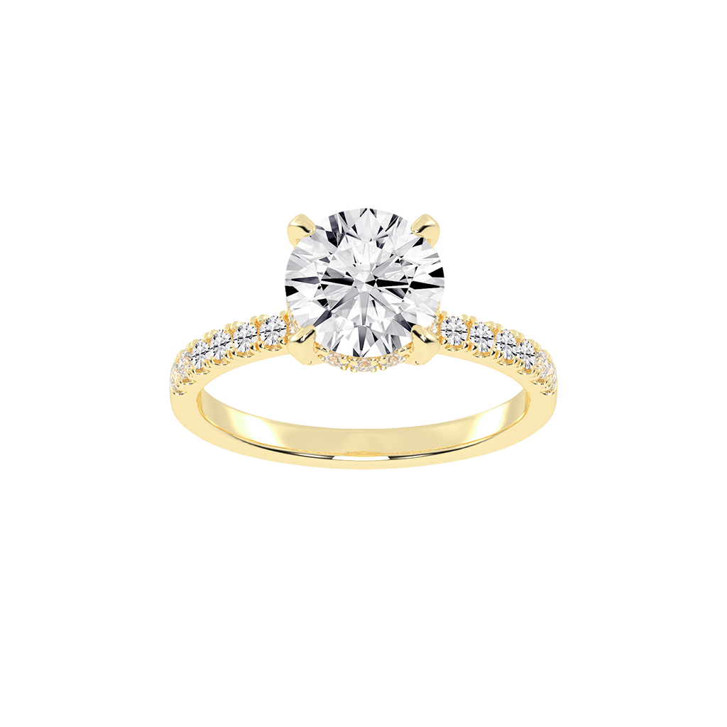 Round Cut Pave Engagement Ring with Hidden Halo setting (14K Yellow  Gold, 1CT center stone, Size 5)