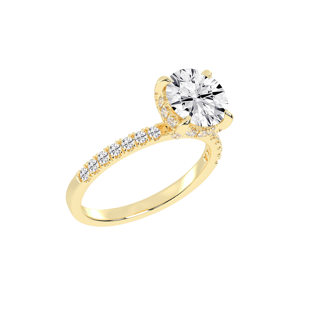 Round Cut Pave Engagement Ring with Hidden Halo setting (14K Yellow  Gold, 1CT center stone, Size 5)