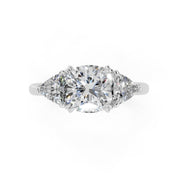 Cushion Cut Three Stone Lab Grown Diamond Engagement Ring with Trillion side stones