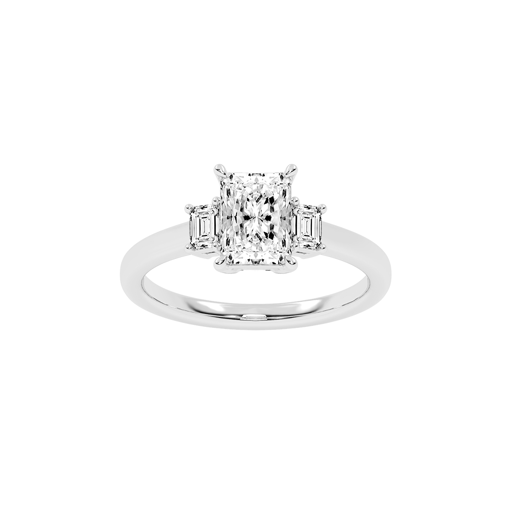 Radiant Cut Three Stone Lab Grown Diamond Engagement Ring with Emerald side stones