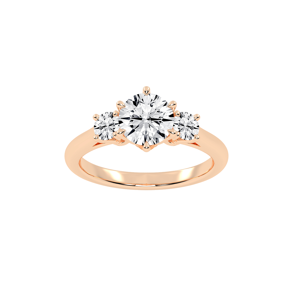 Six Prong Round Cut Three Stone Lab Grown Diamond Engagement Ring with Round side stones