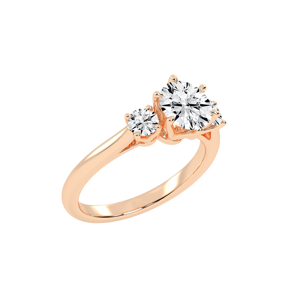 Six Prong Round Cut Three Stone Lab Grown Diamond Engagement Ring with Round side stones