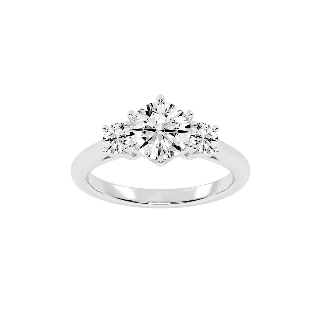 Six Prong Round Cut Three Stone Lab Grown Diamond Engagement Ring with Round side stones