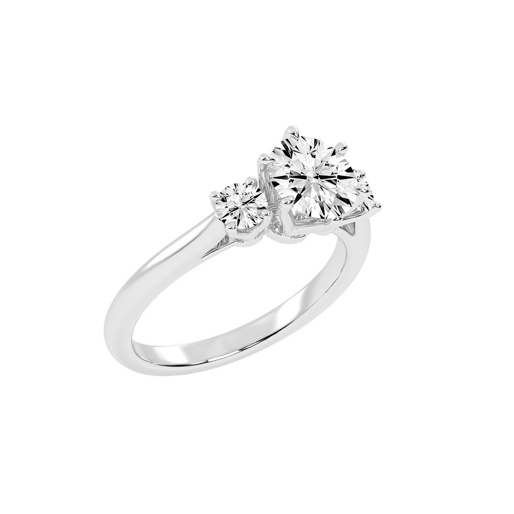 Six Prong Round Cut Three Stone Lab Grown Diamond Engagement Ring with Round side stones