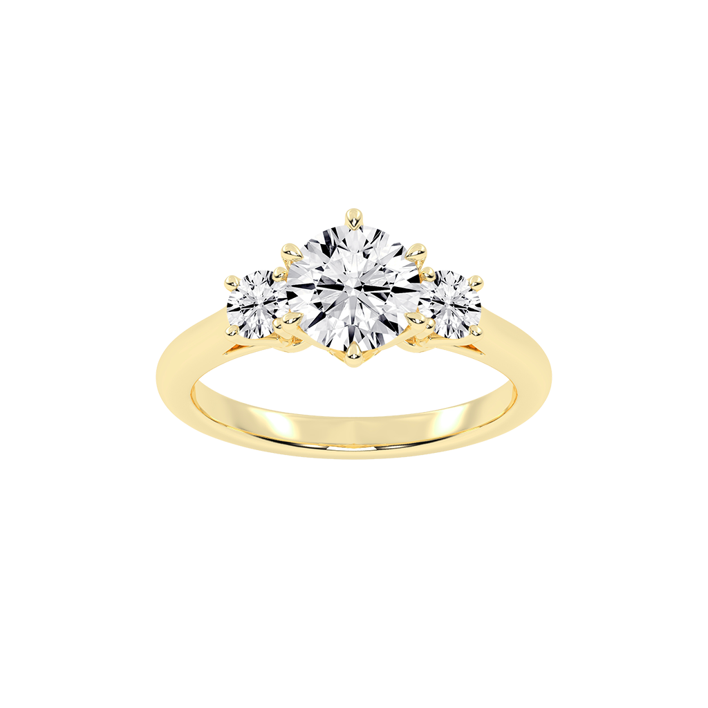 Six Prong Round Cut Three Stone Lab Grown Diamond Engagement Ring with Round side stones