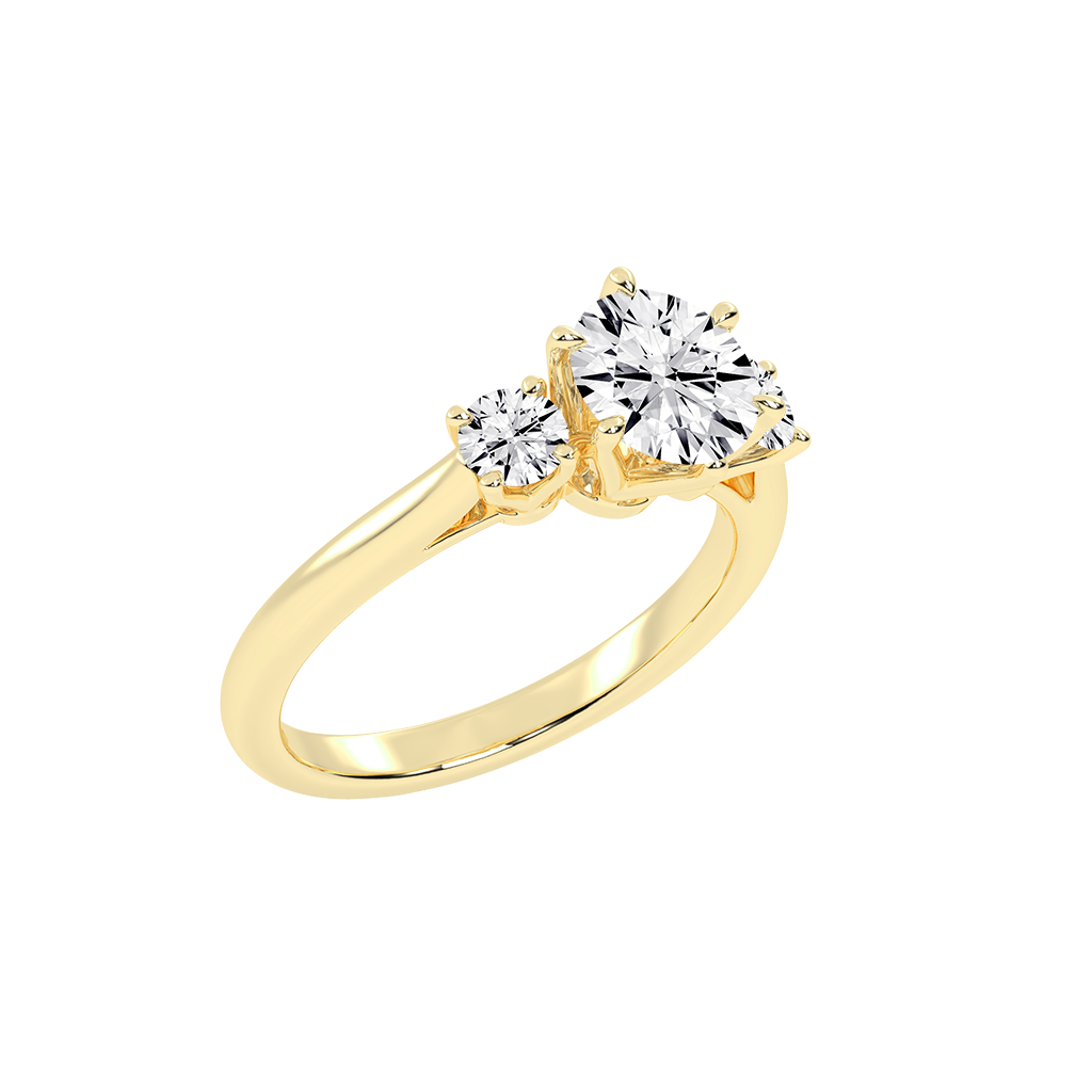 Six Prong Round Cut Three Stone Lab Grown Diamond Engagement Ring with Round side stones