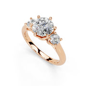 Six Prong Round Cut Three Stone Lab Grown Diamond Engagement Ring with Round side stones